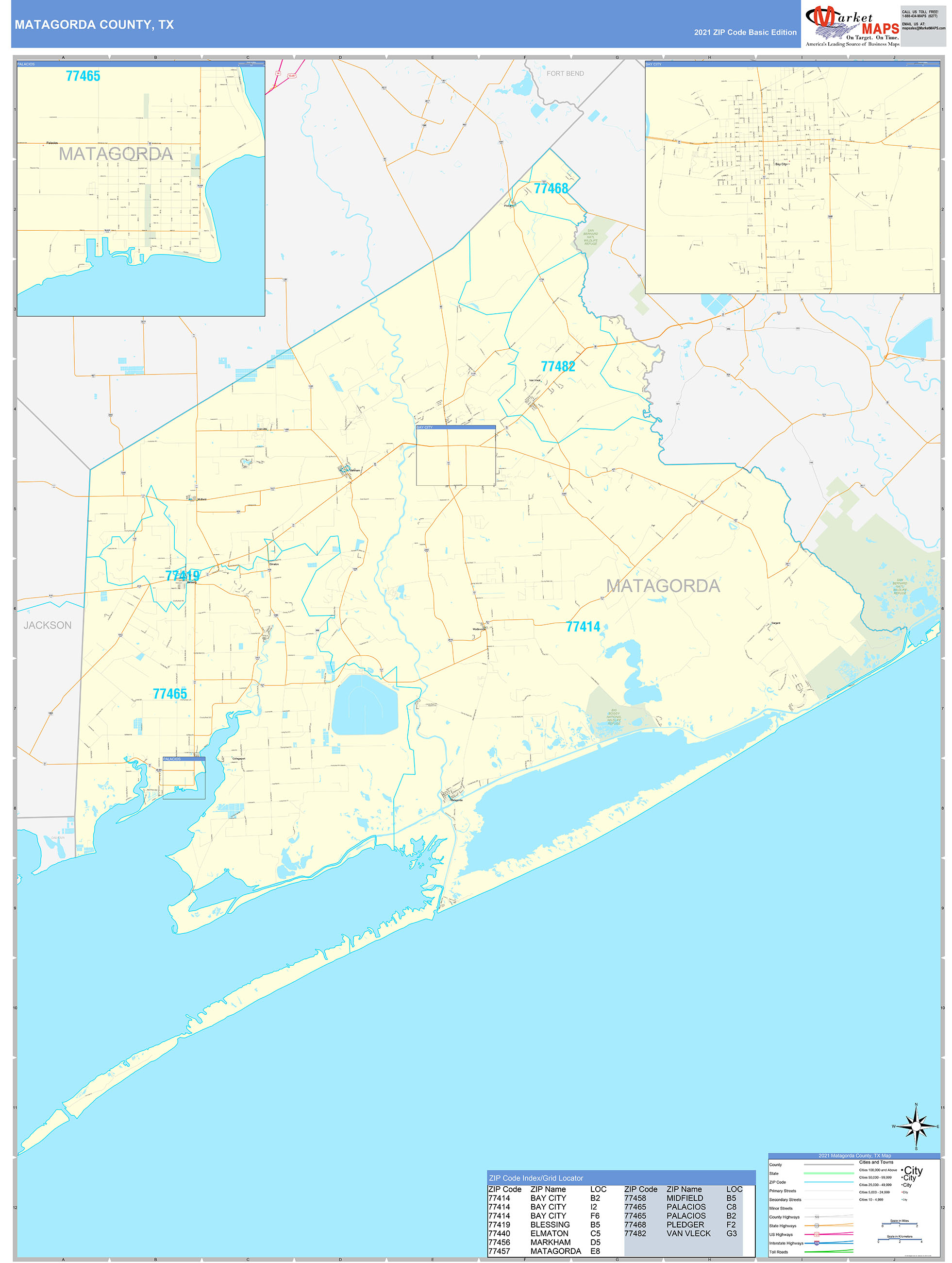 Matagorda County, TX Zip Code Wall Map Basic Style by MarketMAPS MapSales