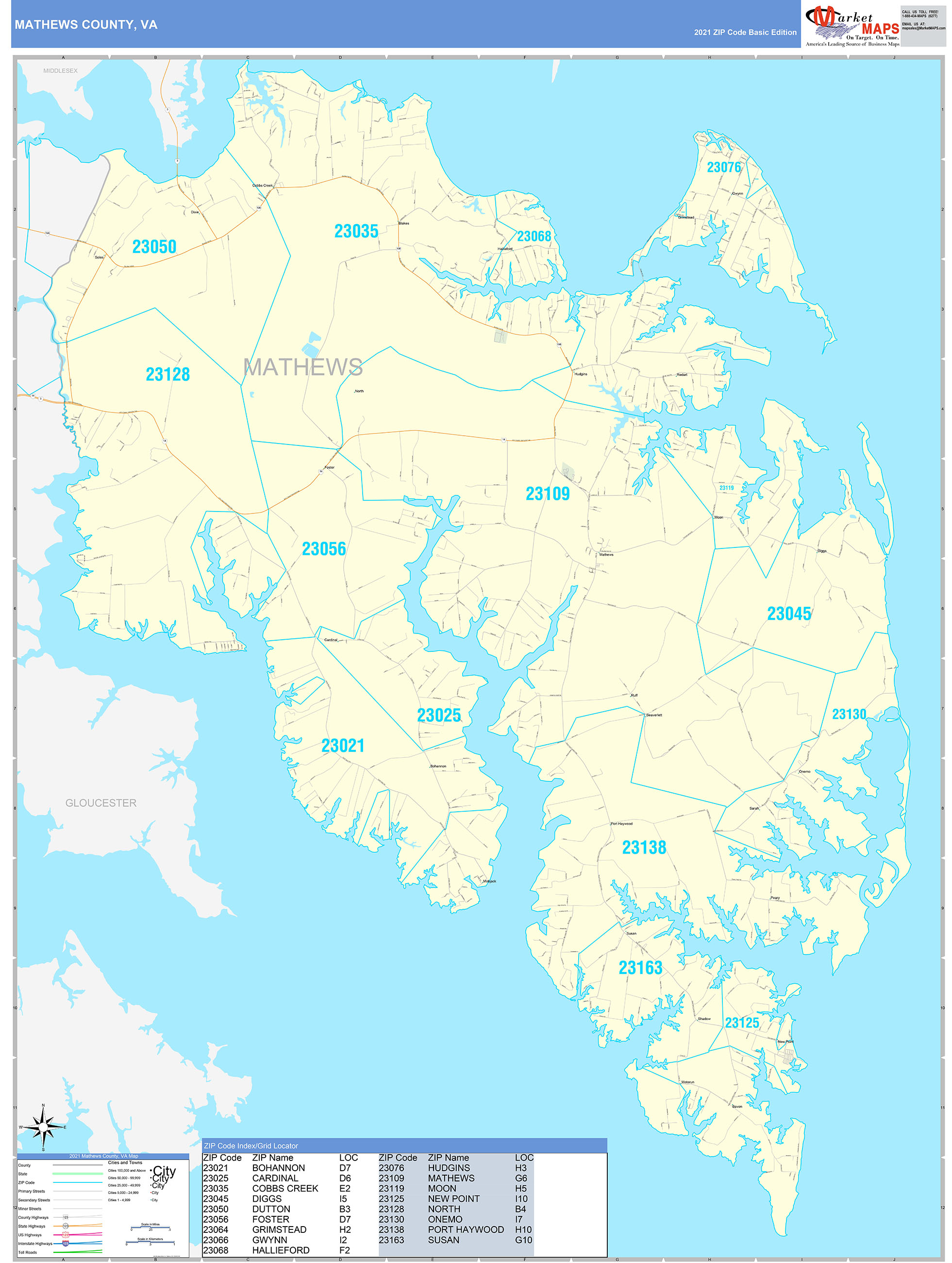 Mathews County, VA Zip Code Wall Map Basic Style by MarketMAPS
