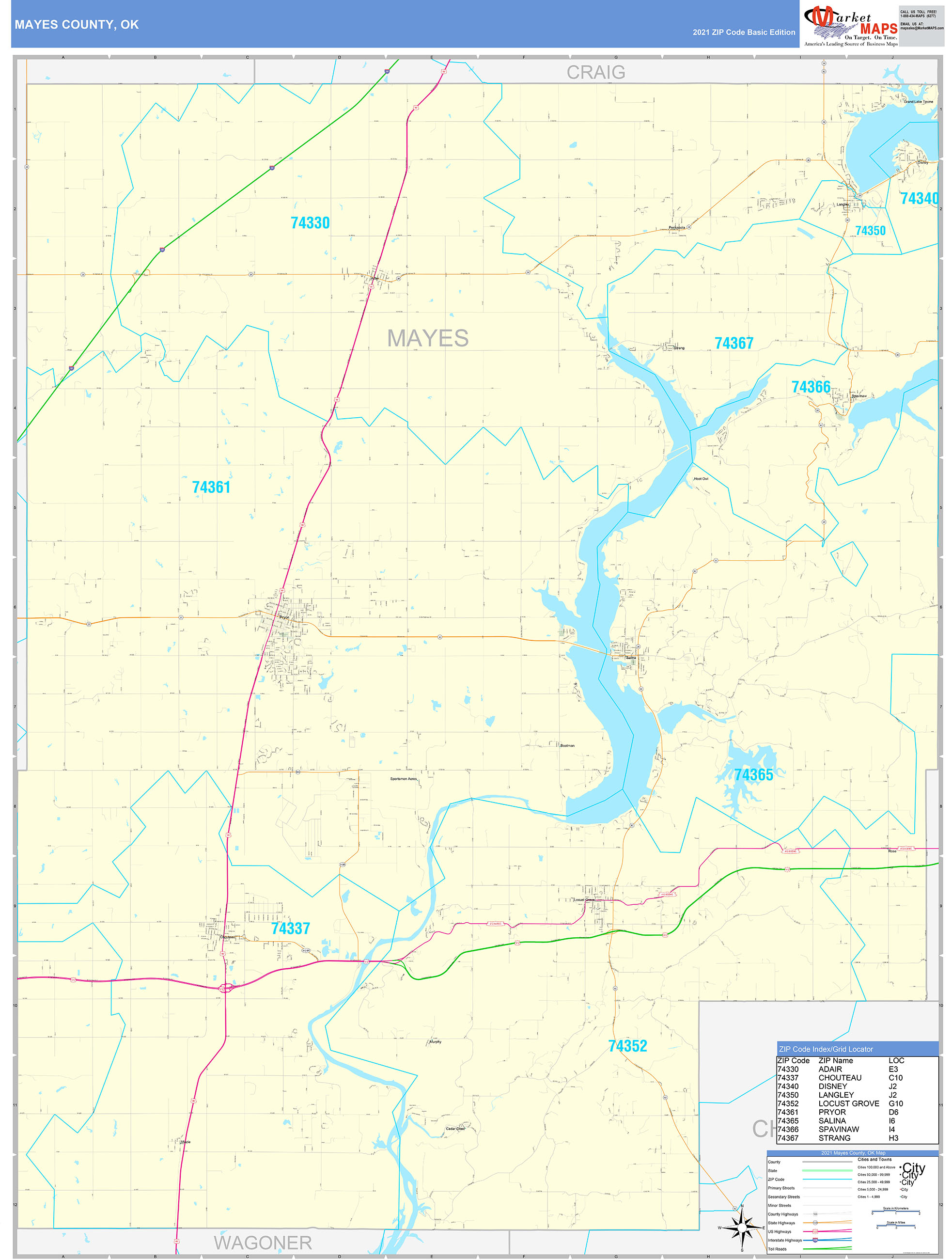 Mayes County, OK Zip Code Wall Map Basic Style by MarketMAPS MapSales