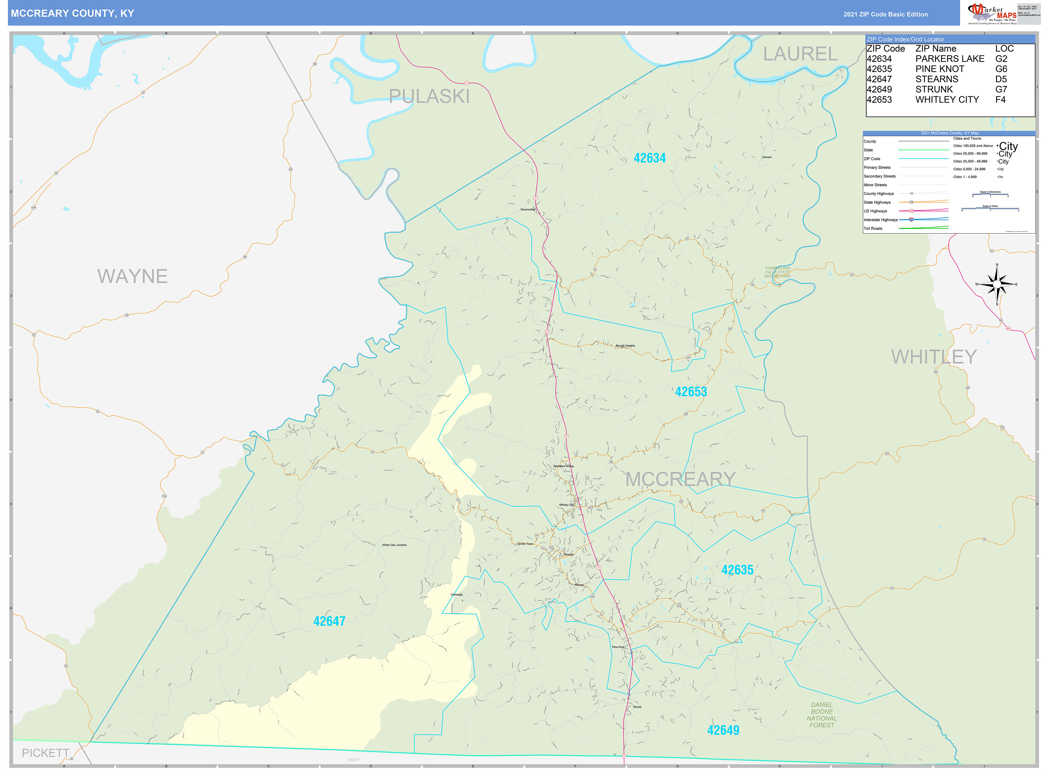 McCreary County, KY Zip Code Wall Map Basic Style by MarketMAPS MapSales