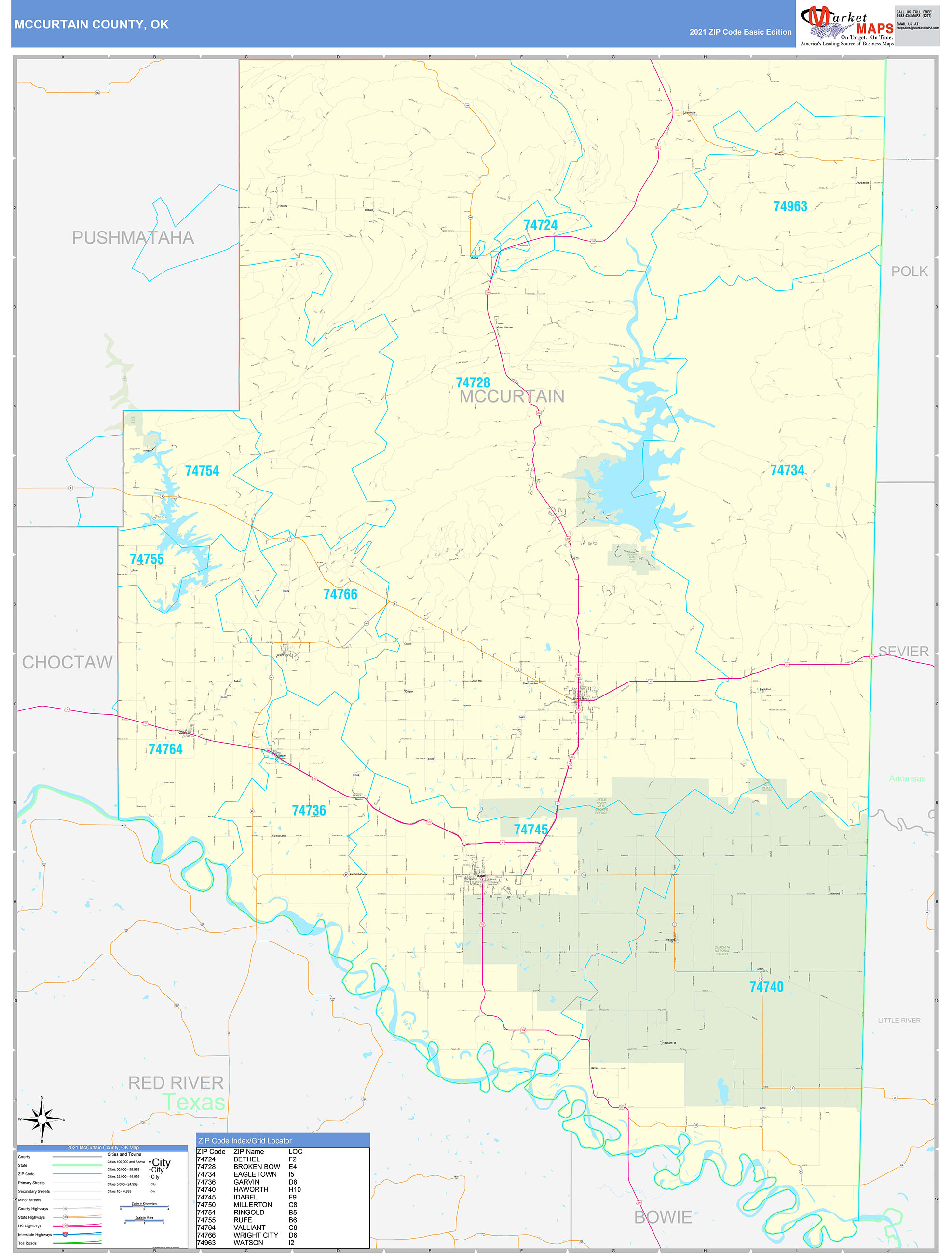 McCurtain County, OK Zip Code Wall Map Basic Style by MarketMAPS