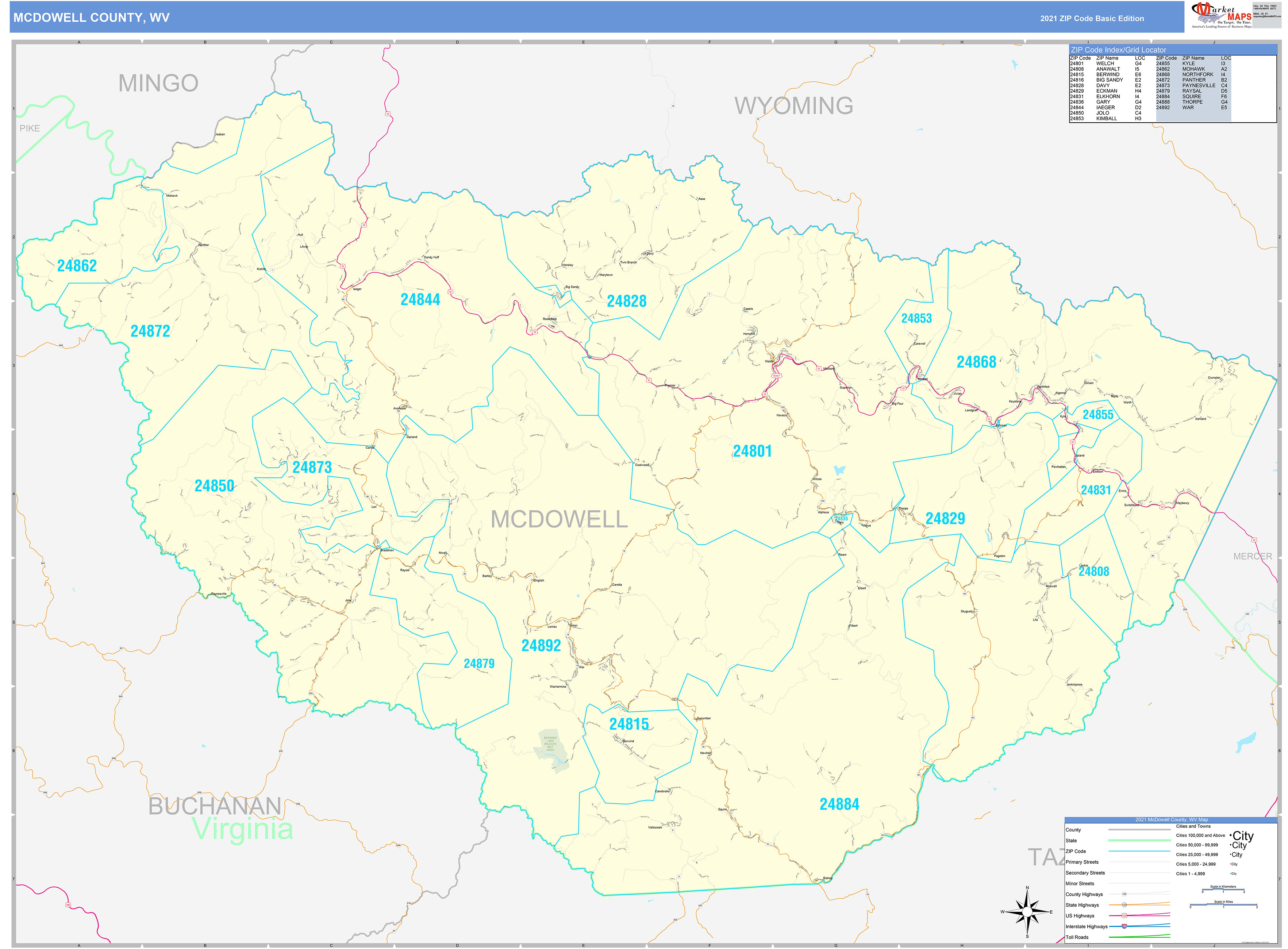 McDowell County, WV Zip Code Wall Map Basic Style by MarketMAPS MapSales