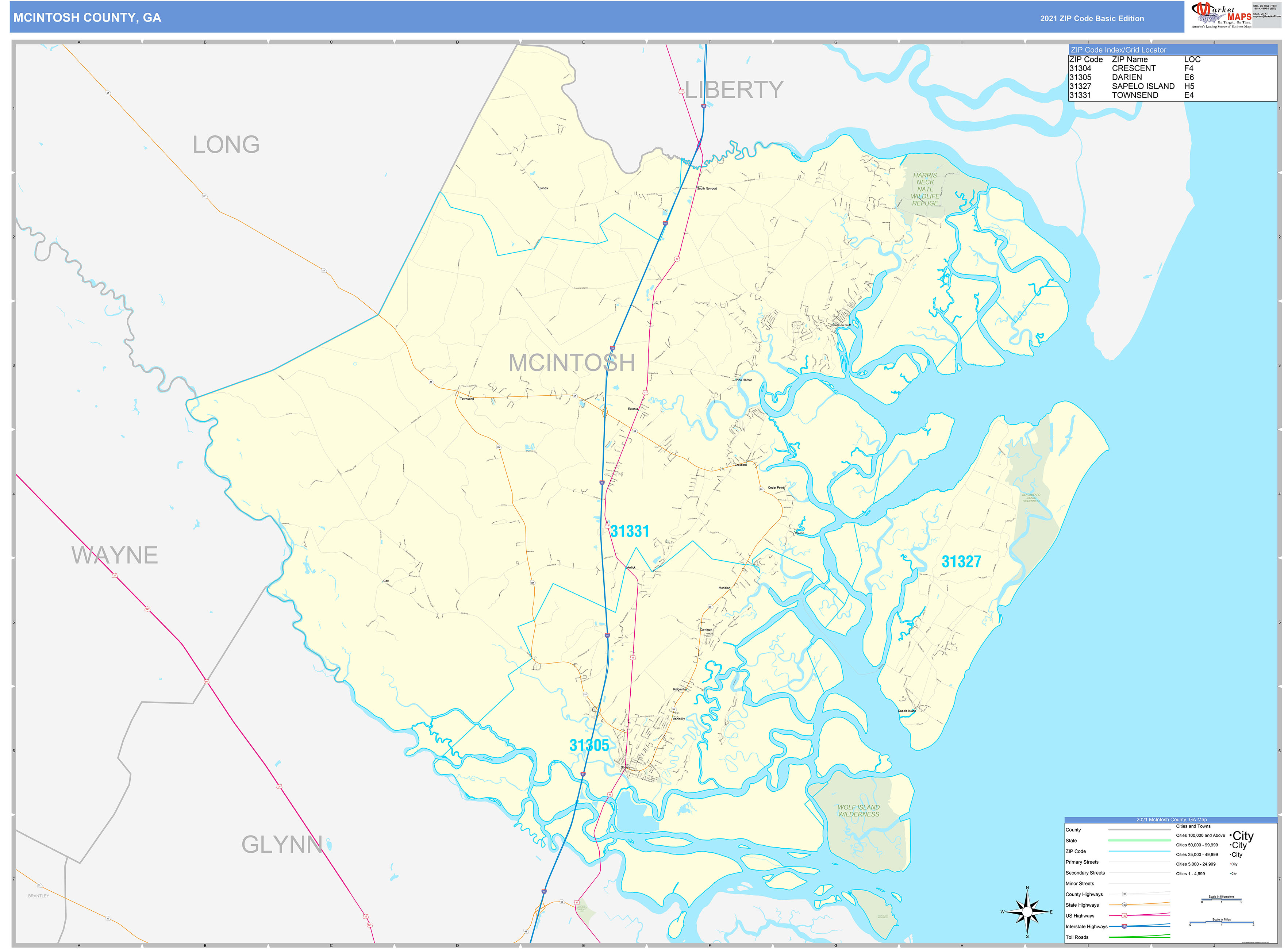 McIntosh County, GA Zip Code Wall Map Basic Style by MarketMAPS