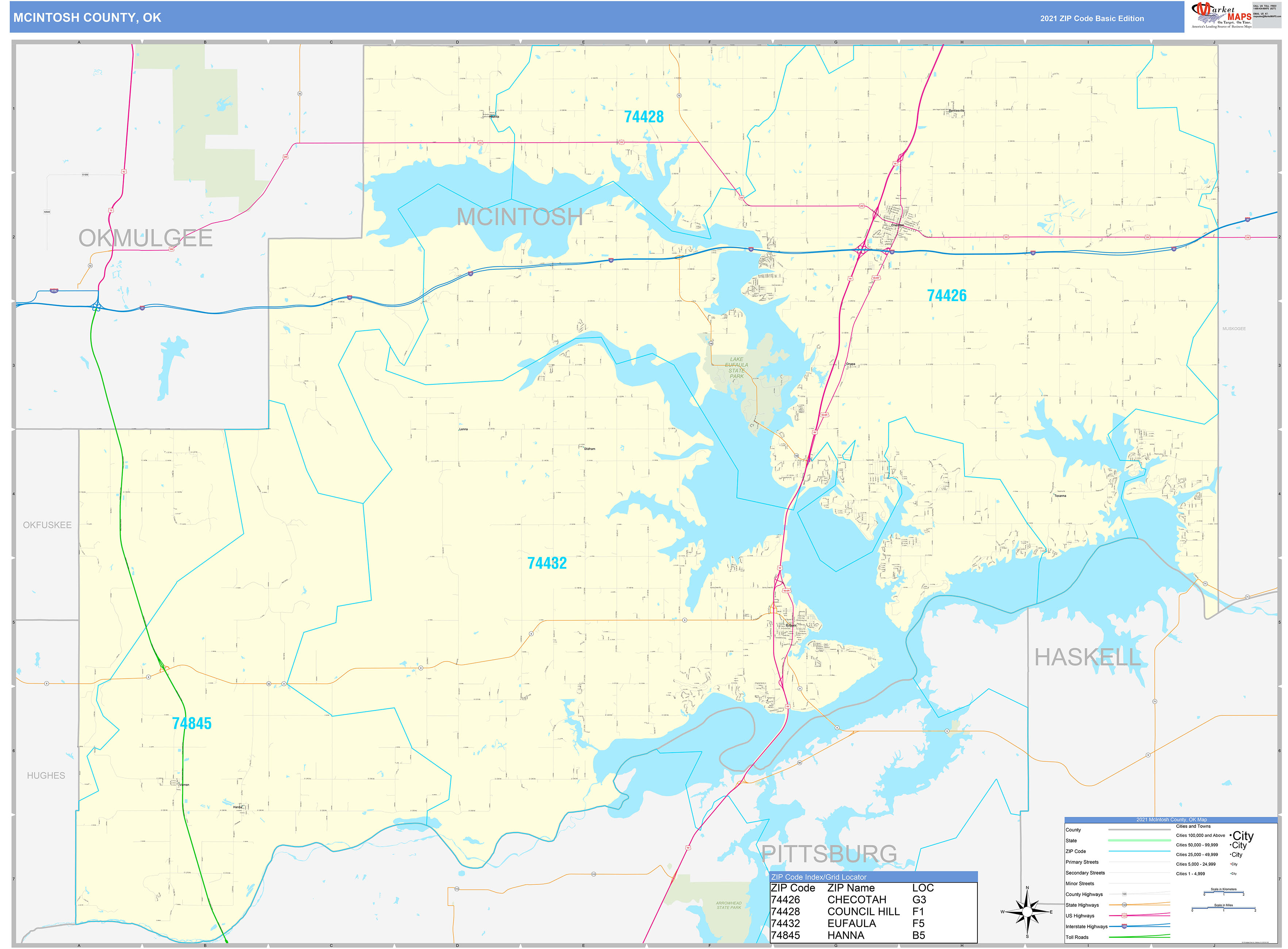 McIntosh County, OK Zip Code Wall Map Basic Style by MarketMAPS MapSales