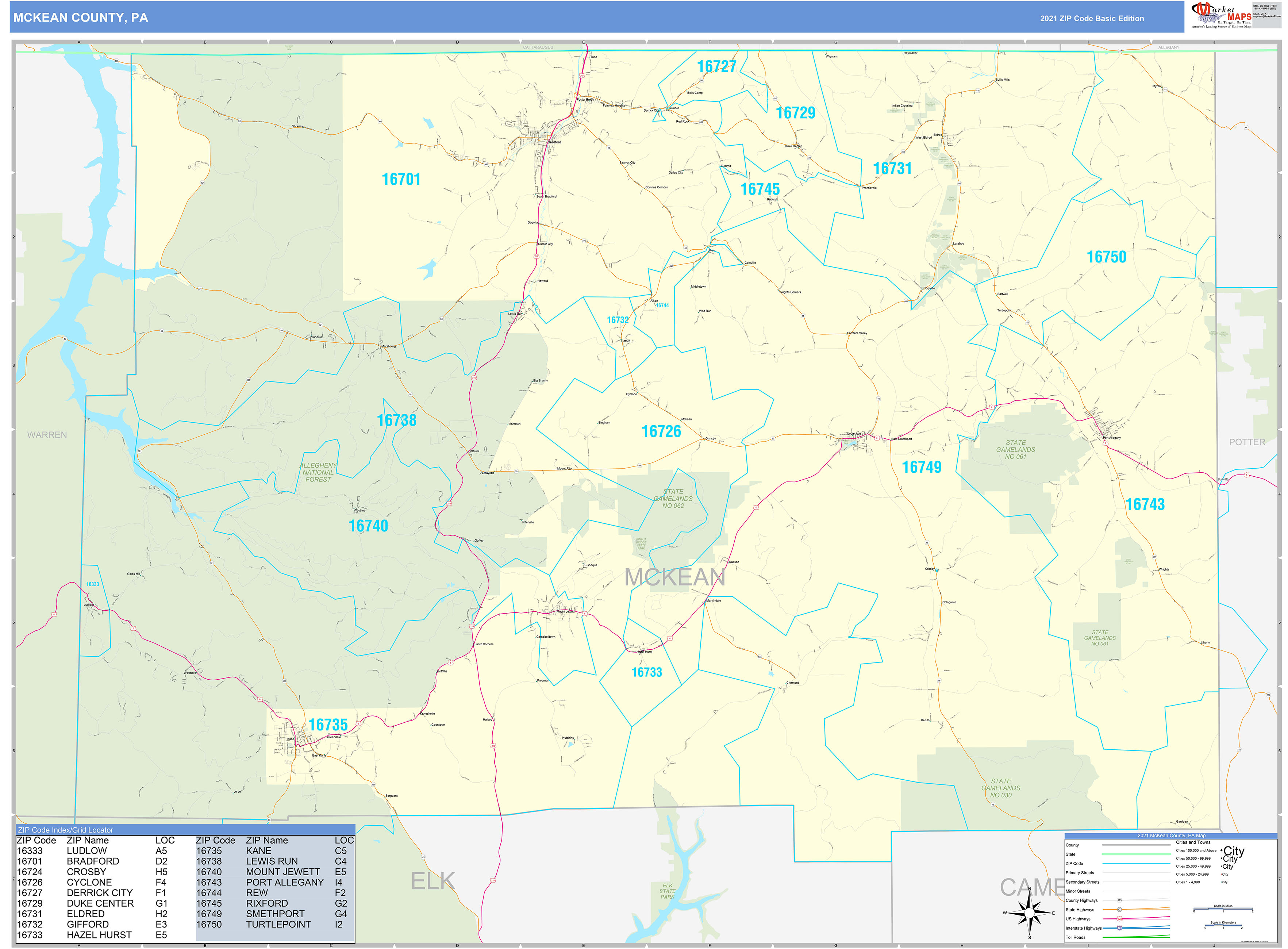 McKean County, PA Zip Code Wall Map Basic Style by MarketMAPS MapSales