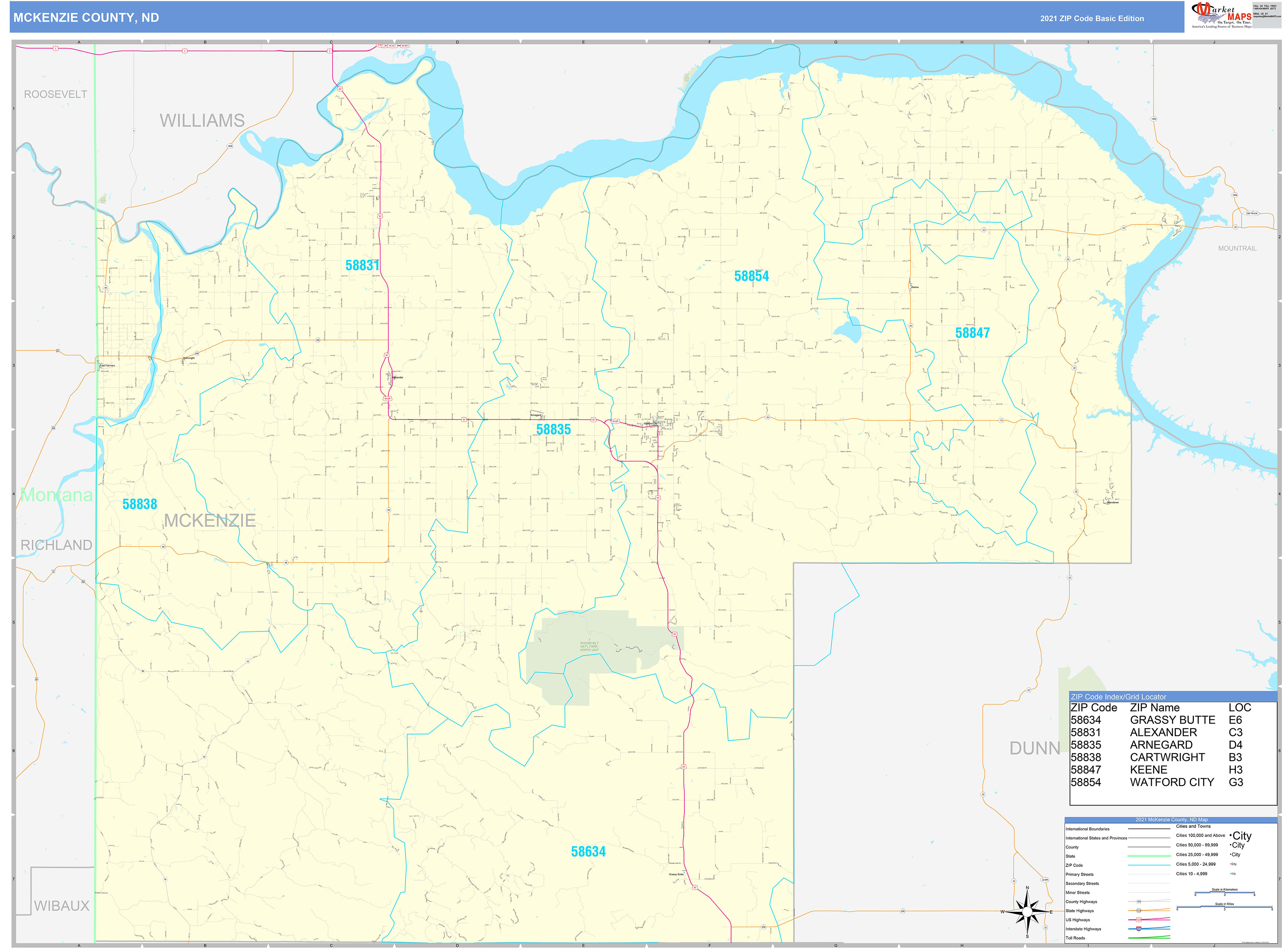 McKenzie County, ND Zip Code Wall Map Basic Style by MarketMAPS MapSales