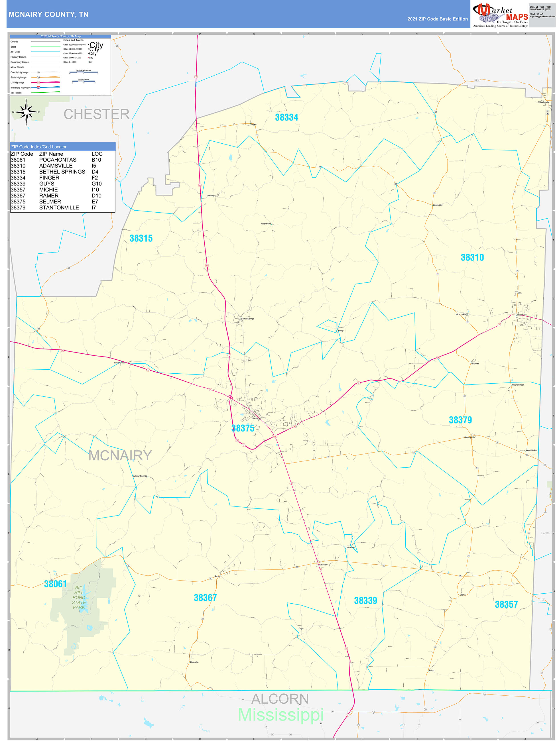 McNairy County, TN Zip Code Wall Map Basic Style by MarketMAPS - MapSales