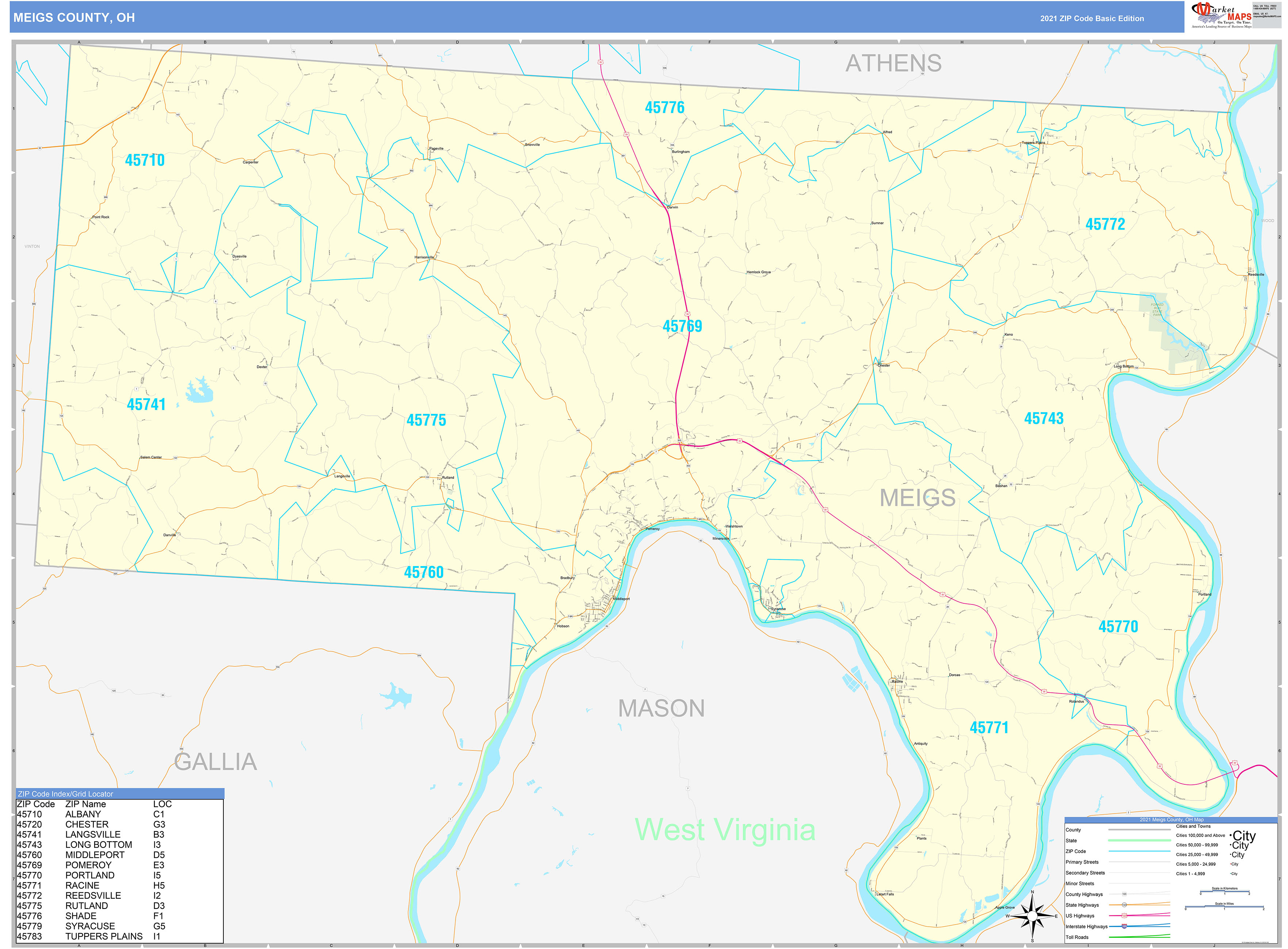 Meigs County, OH Zip Code Wall Map Basic Style by MarketMAPS MapSales
