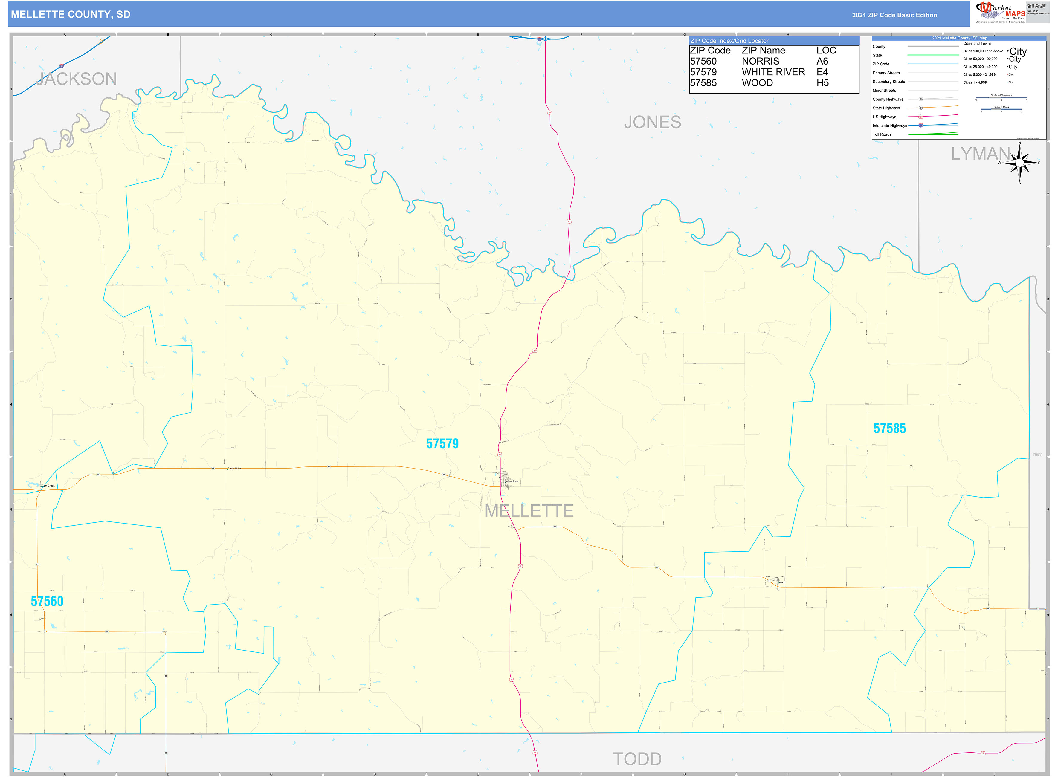 Mellette County, SD Zip Code Wall Map Basic Style by MarketMAPS MapSales