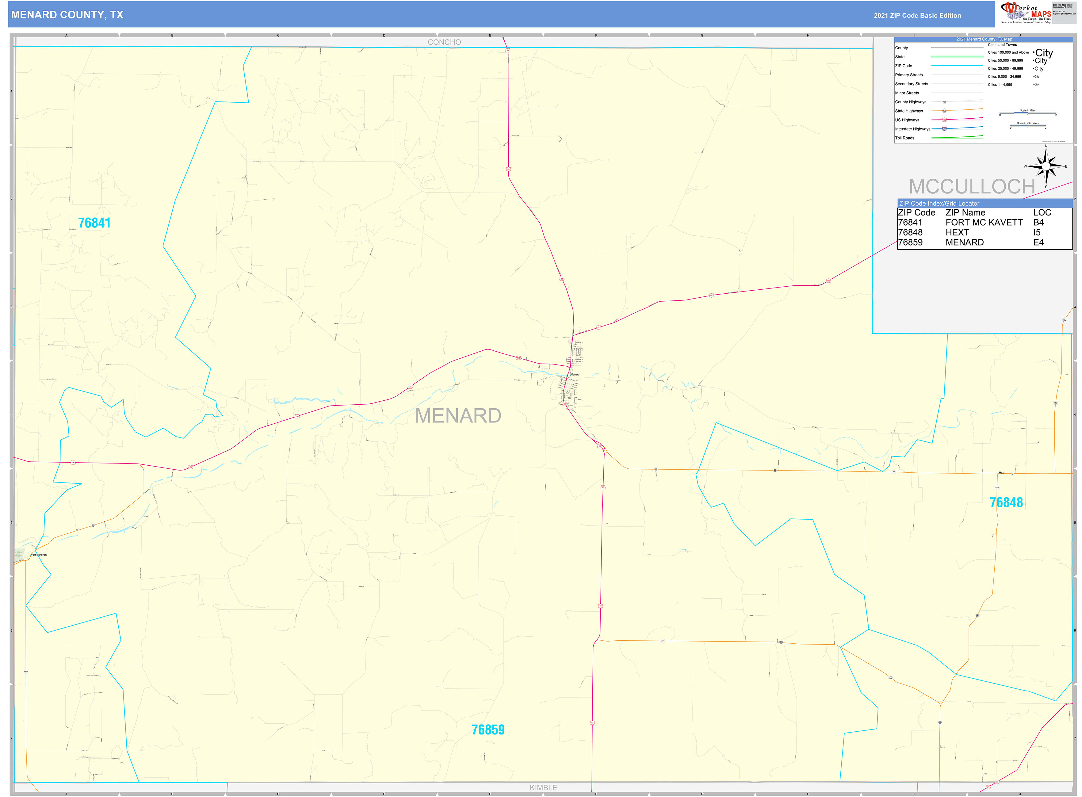 Menard County, TX Zip Code Wall Map Basic Style by MarketMAPS