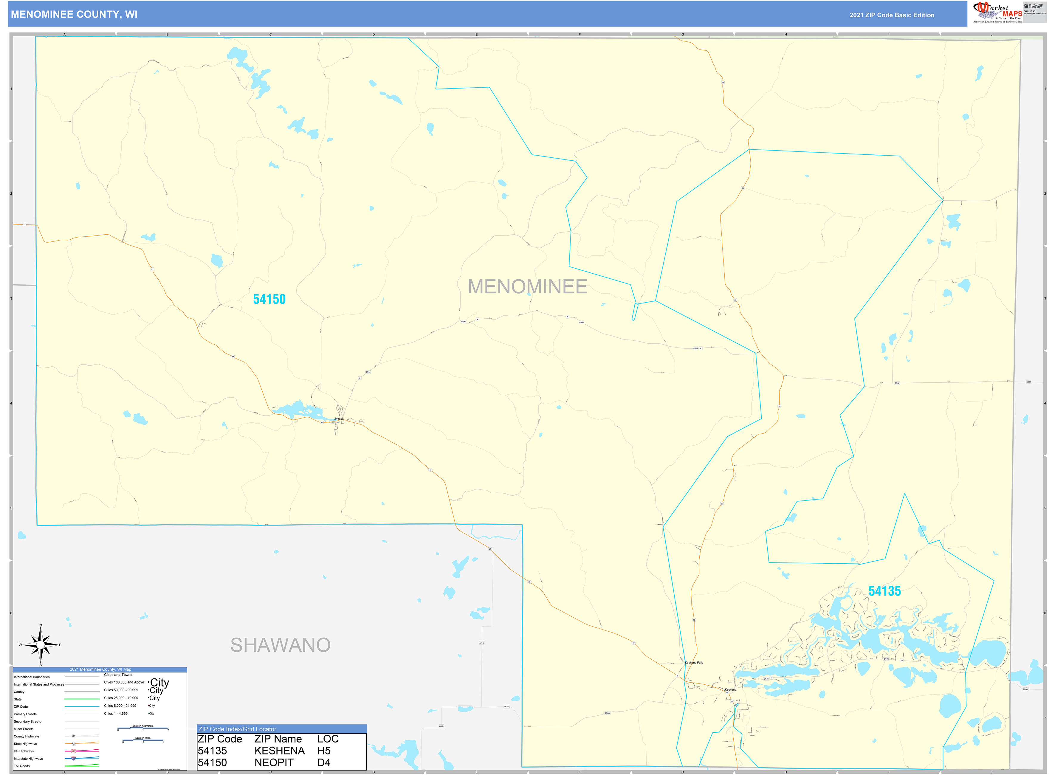 Menominee County, WI Zip Code Wall Map Basic Style by MarketMAPS MapSales
