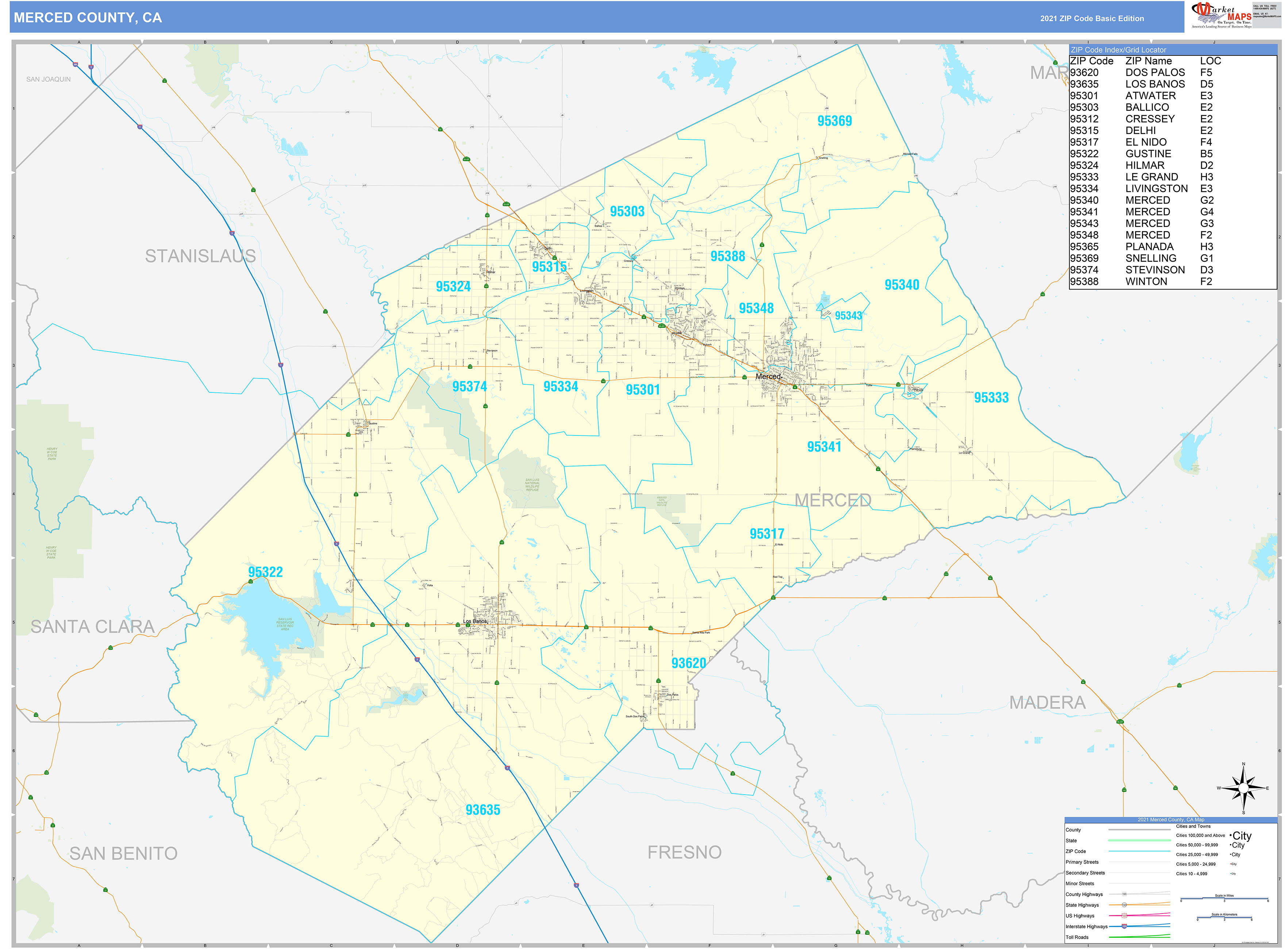 Merced County, CA Zip Code Wall Map Basic Style by MarketMAPS MapSales