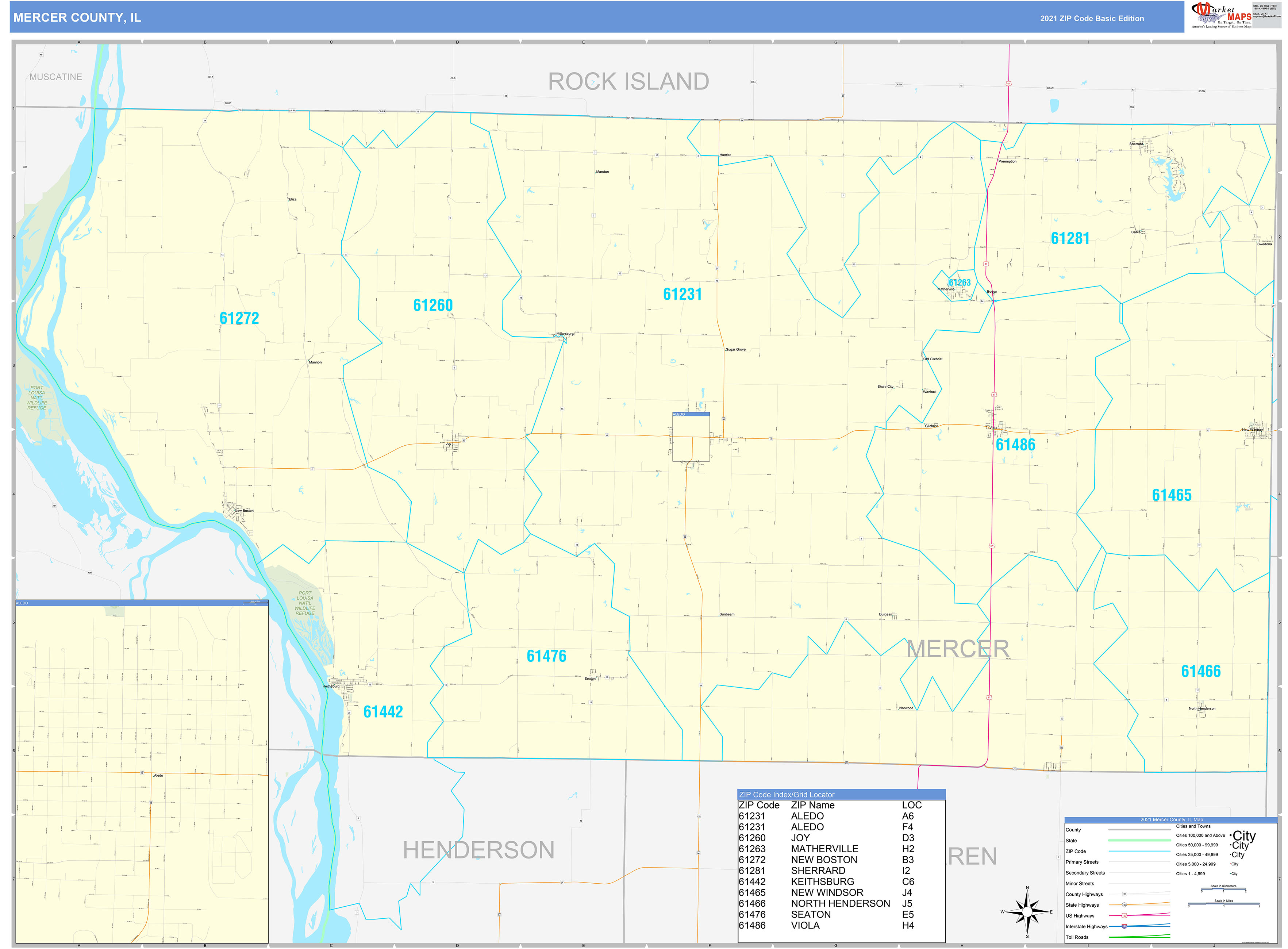 Mercer County, IL Zip Code Wall Map Basic Style by MarketMAPS