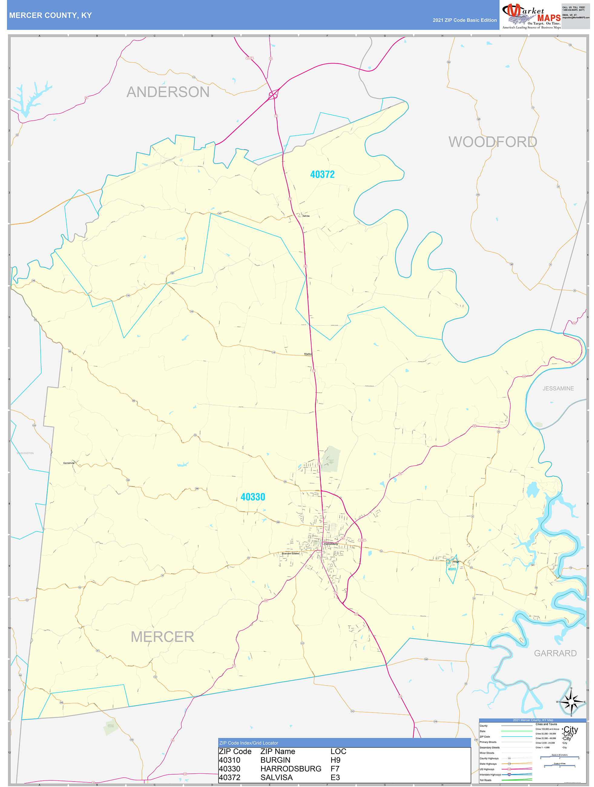Mercer County, KY Zip Code Wall Map Basic Style by MarketMAPS