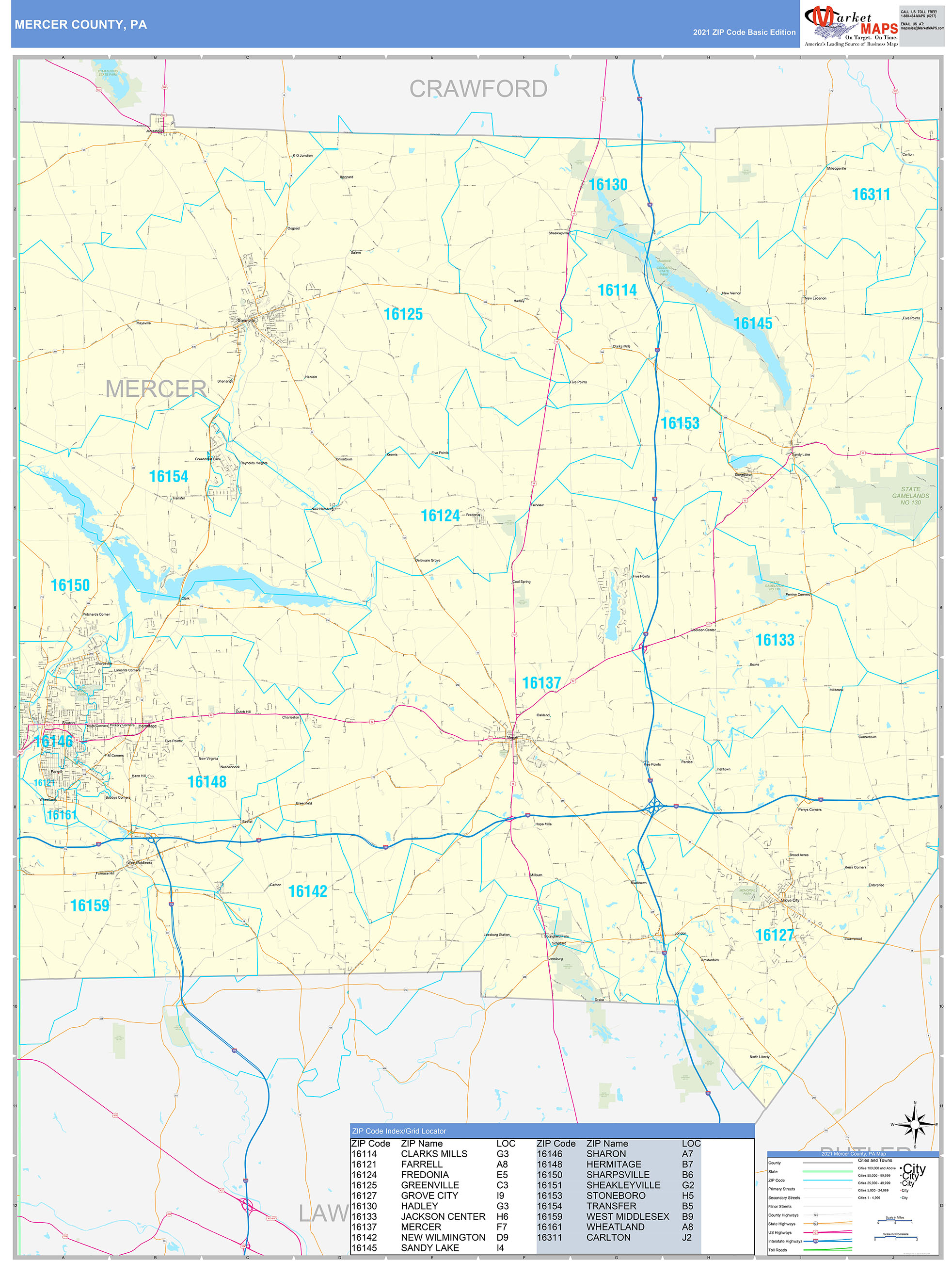 Mercer County, PA Zip Code Wall Map Basic Style by MarketMAPS MapSales
