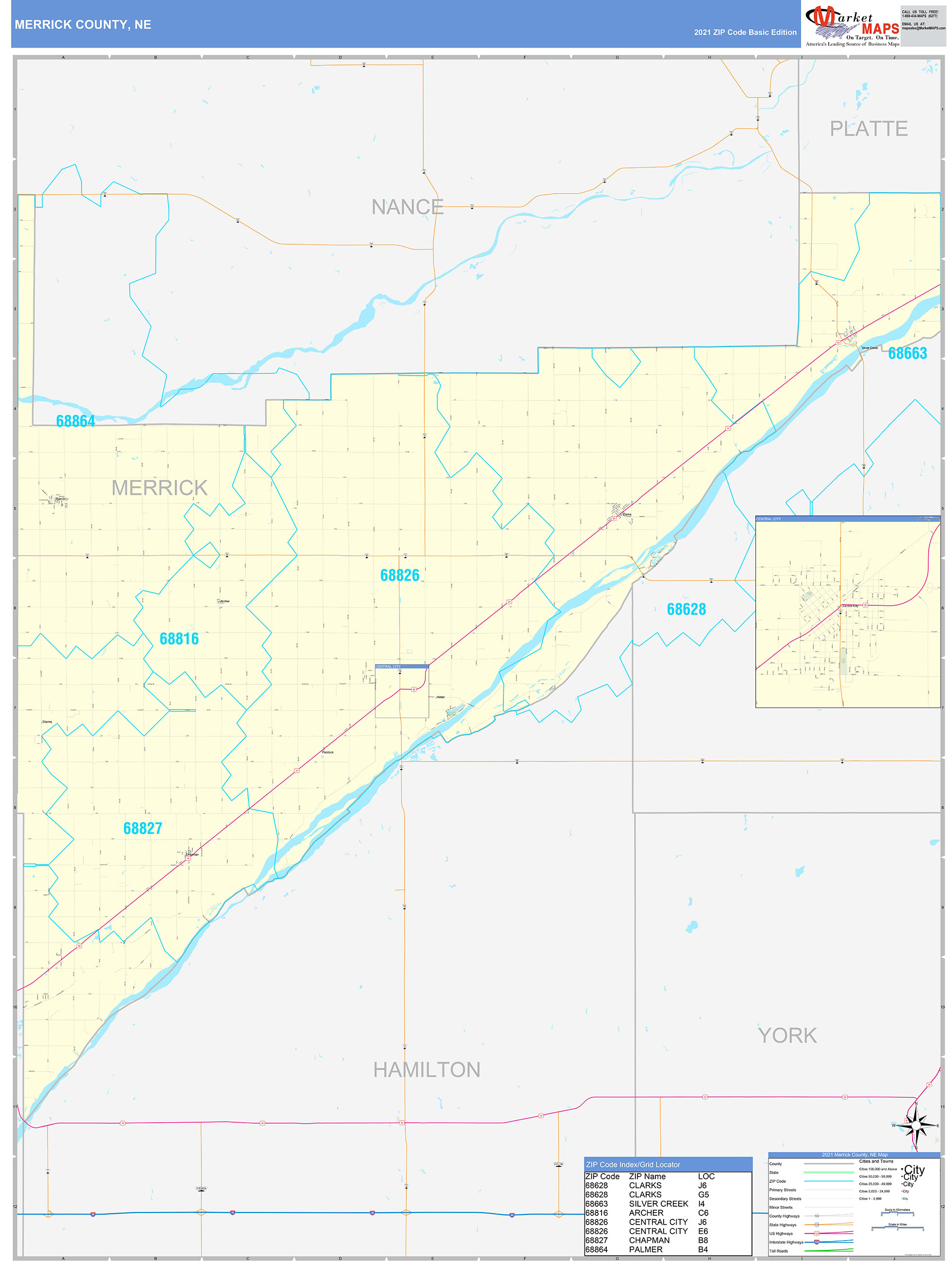 Merrick County, NE Zip Code Wall Map Basic Style by MarketMAPS
