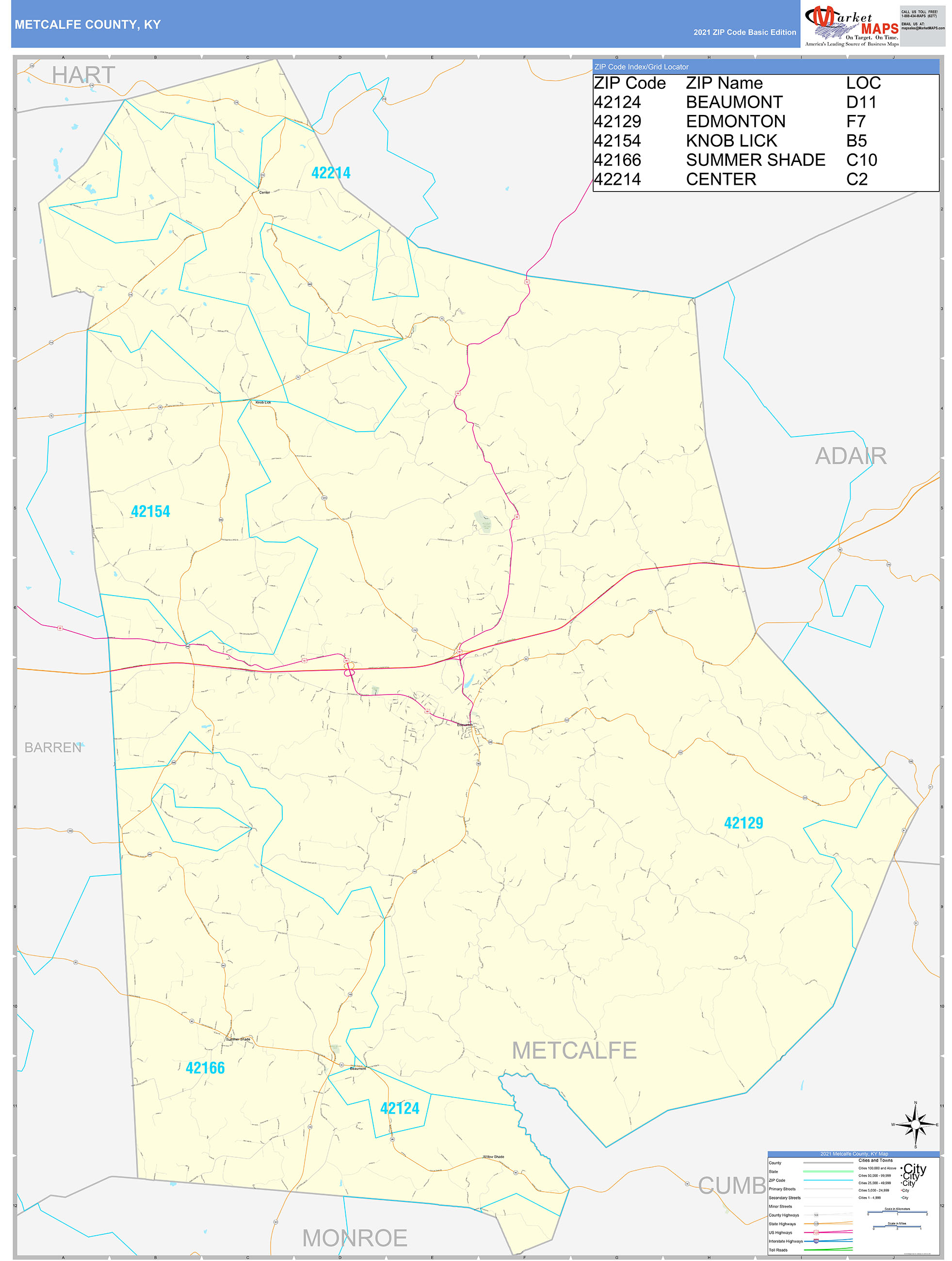 Metcalfe County, KY Zip Code Wall Map Basic Style by MarketMAPS