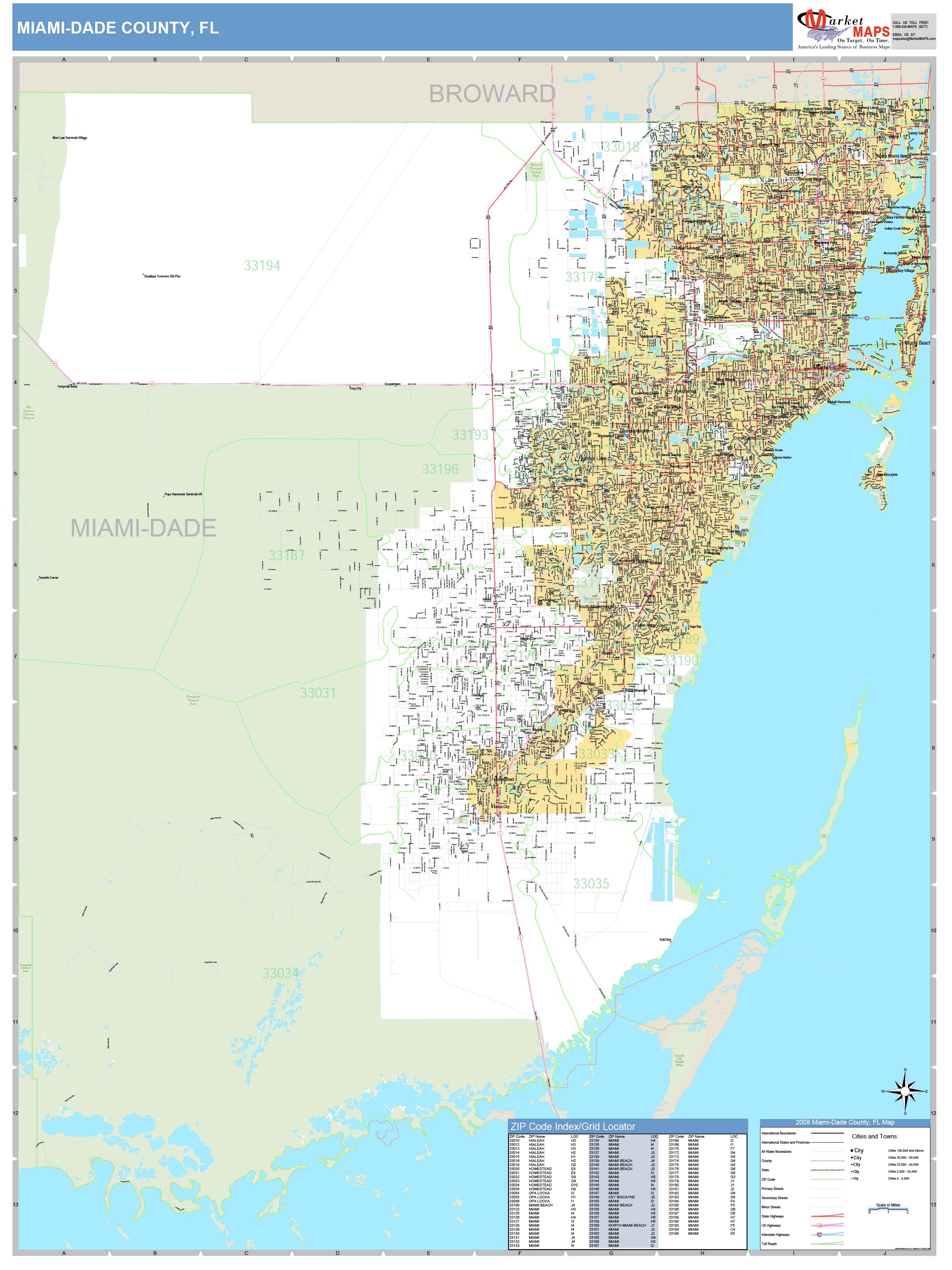 miami-dade county, fl zip code wall map basic style