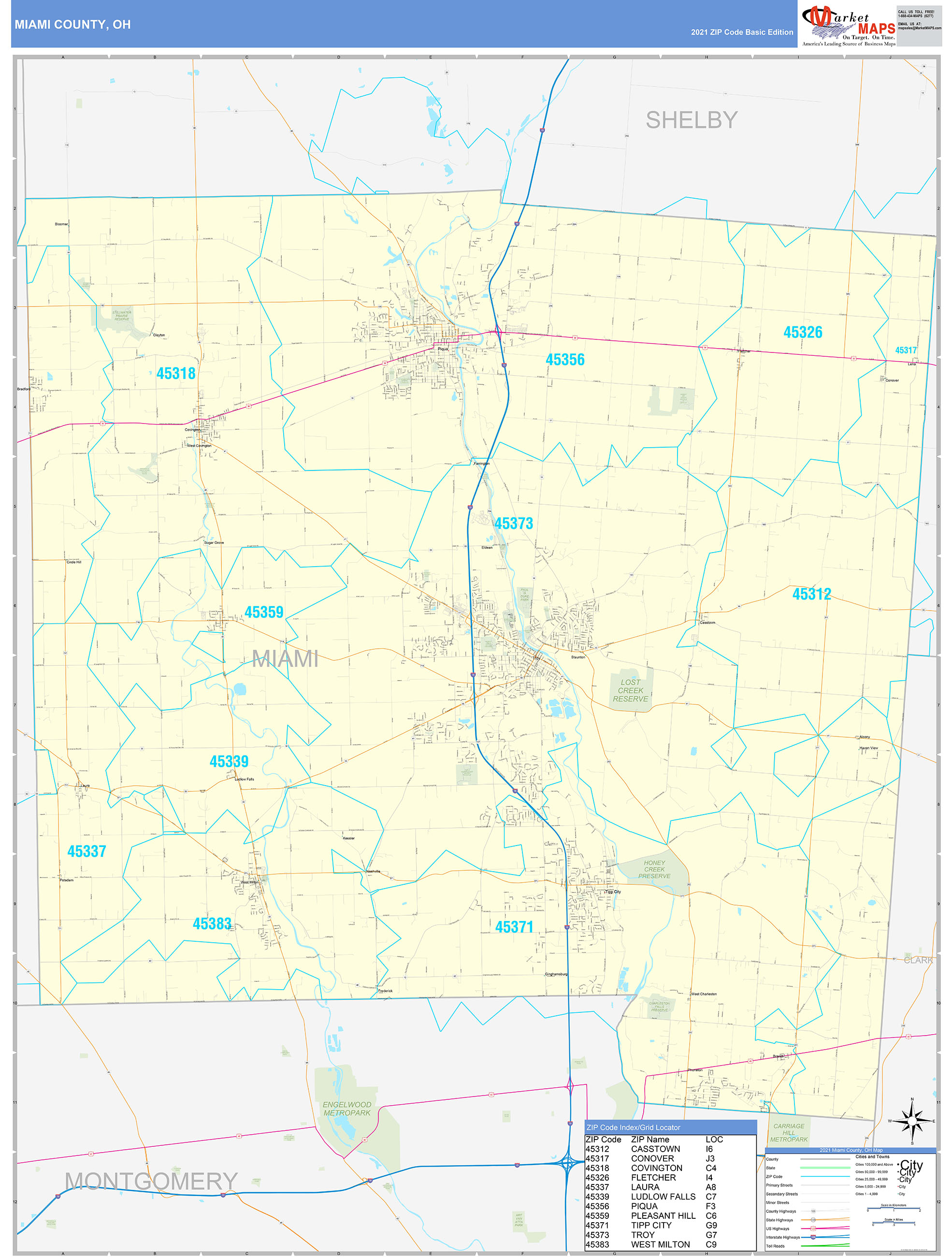 miami county, oh zip code wall map basic stylemarketmaps