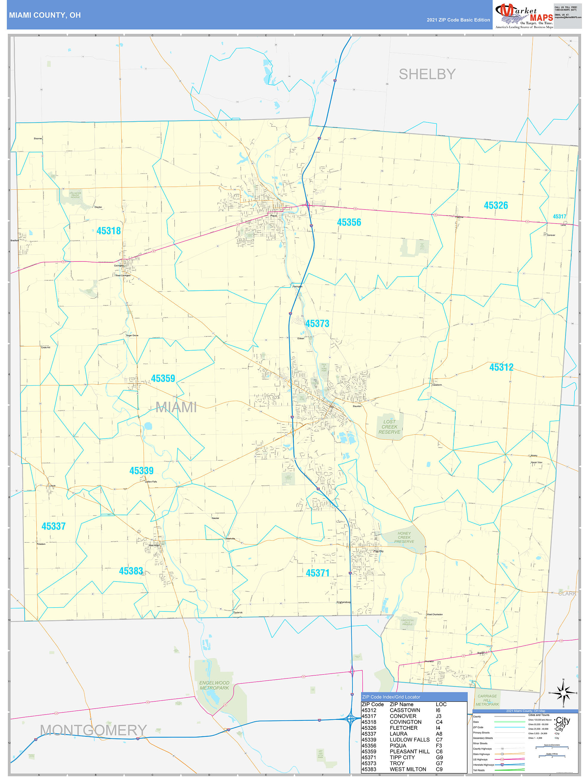 Miami County, OH Zip Code Wall Map Basic Style by MarketMAPS MapSales