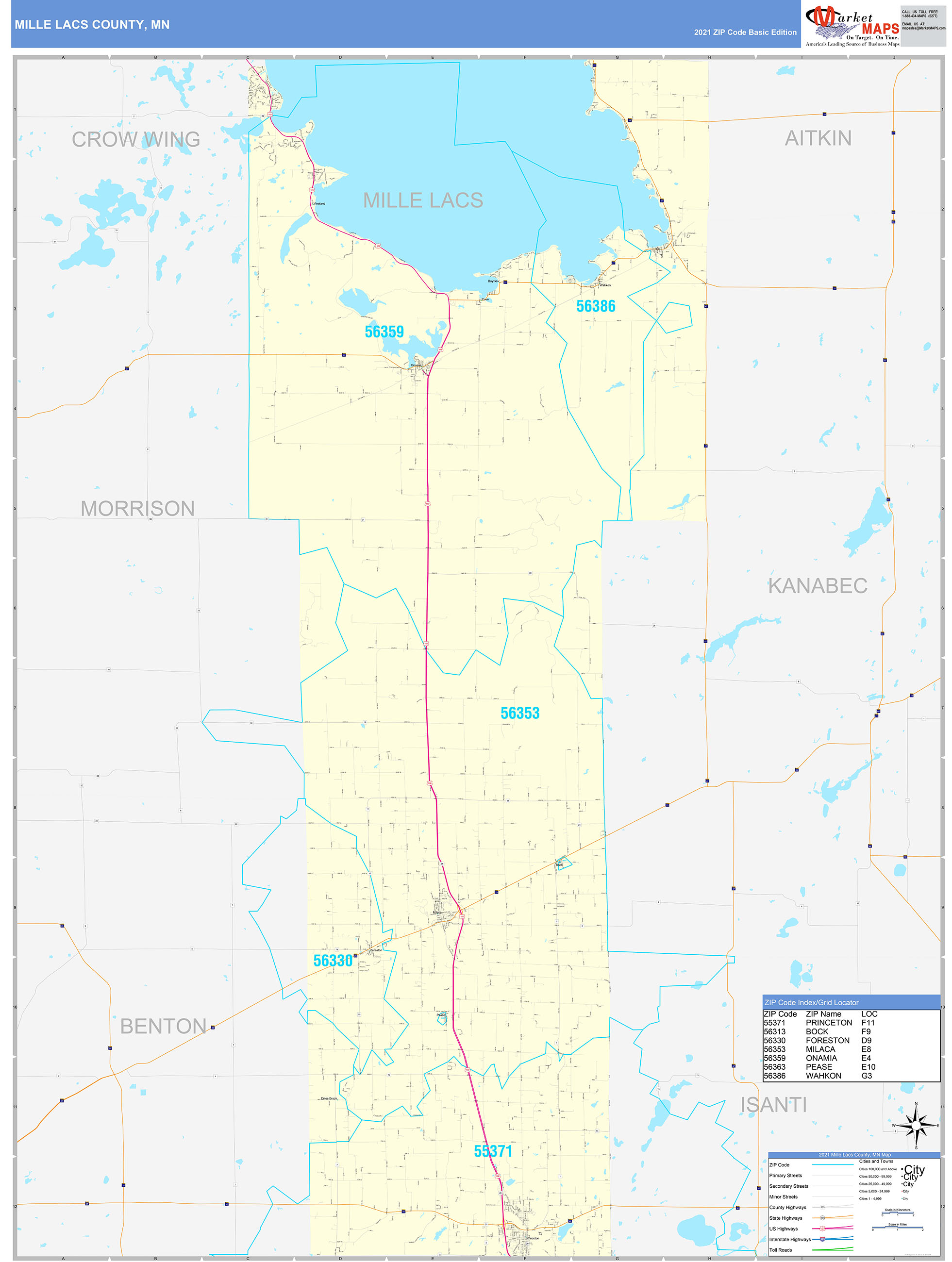 Mille Lacs County, MN Zip Code Wall Map Basic Style by MarketMAPS