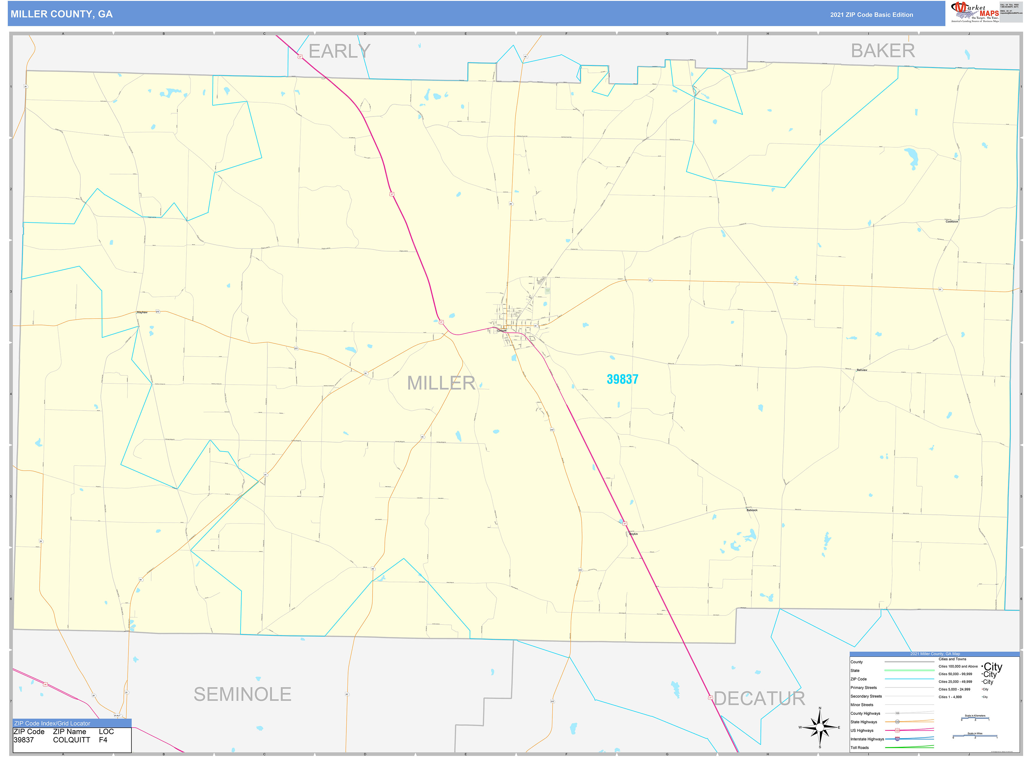 Miller County, GA Zip Code Wall Map Basic Style by MarketMAPS MapSales
