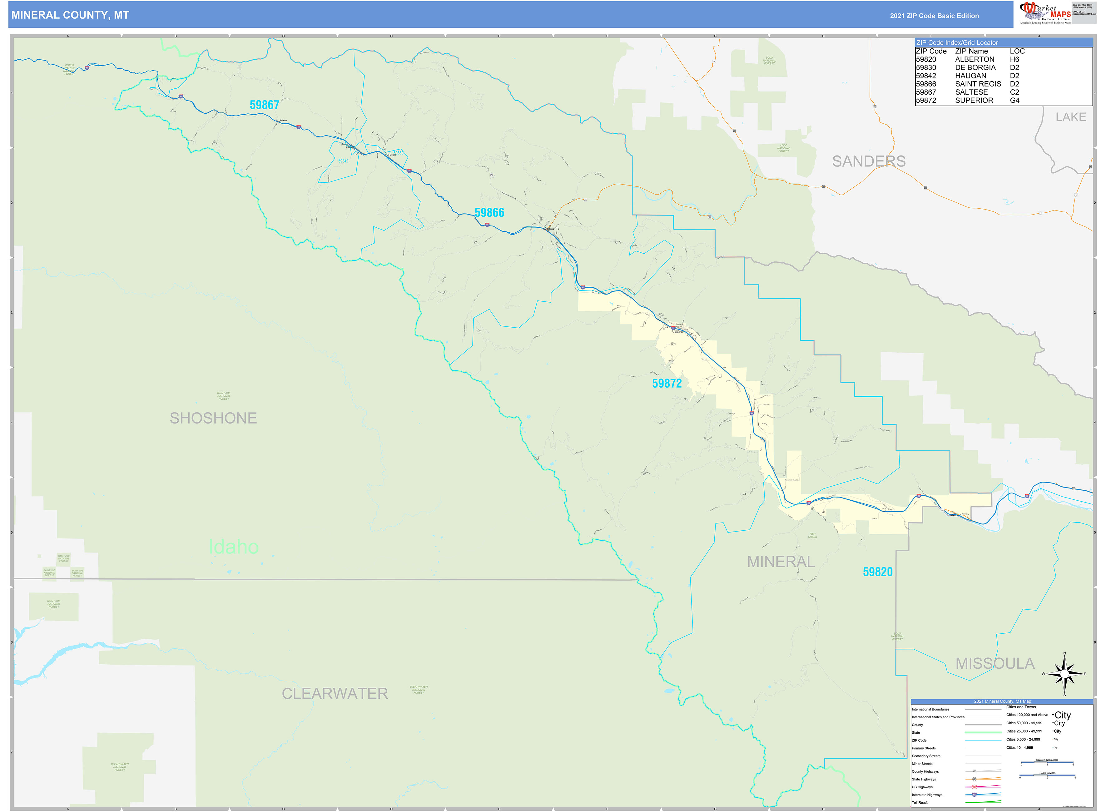Mineral County, MT Zip Code Wall Map Basic Style by MarketMAPS MapSales