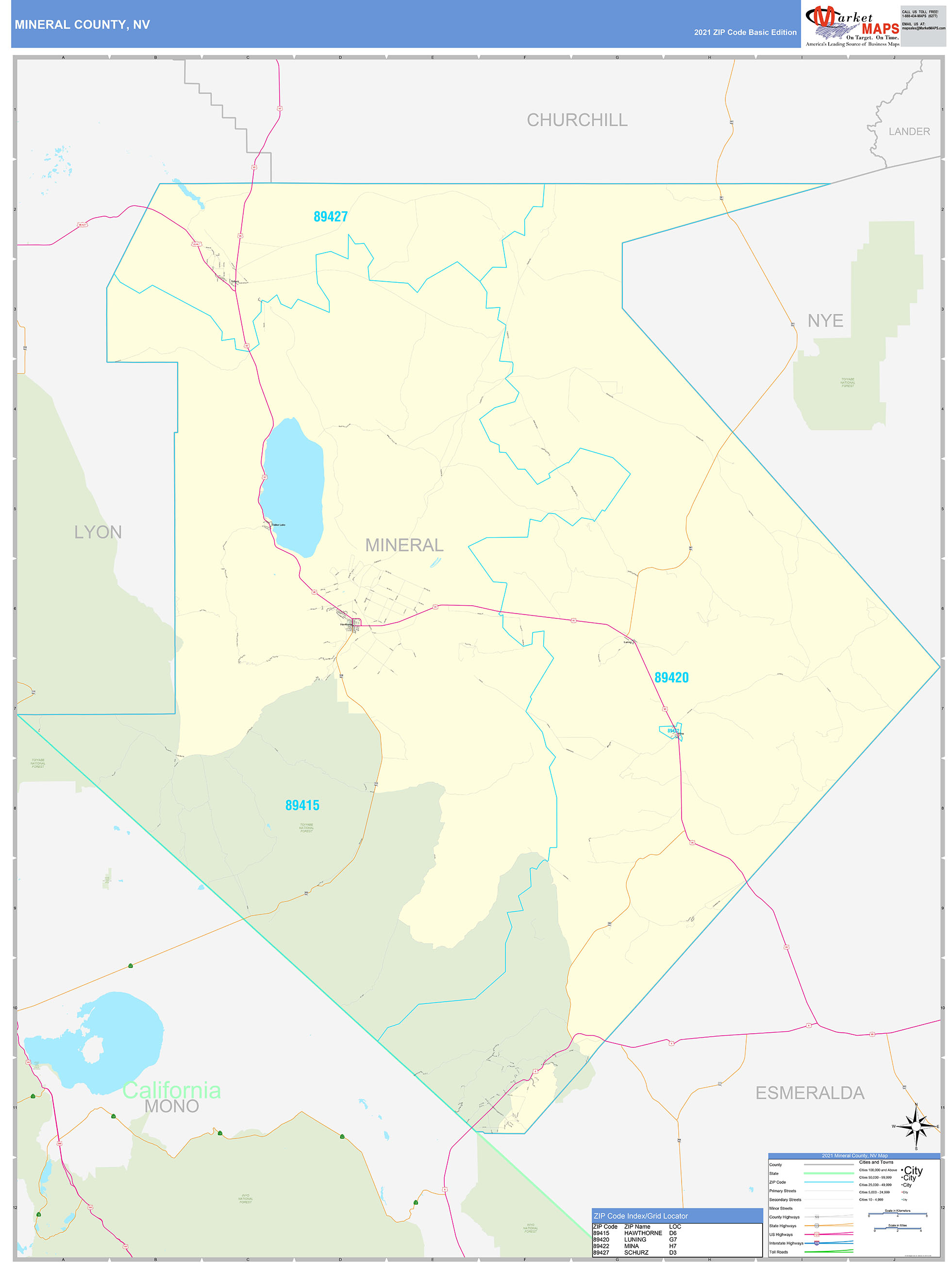 Mineral County, NV Zip Code Wall Map Basic Style by MarketMAPS