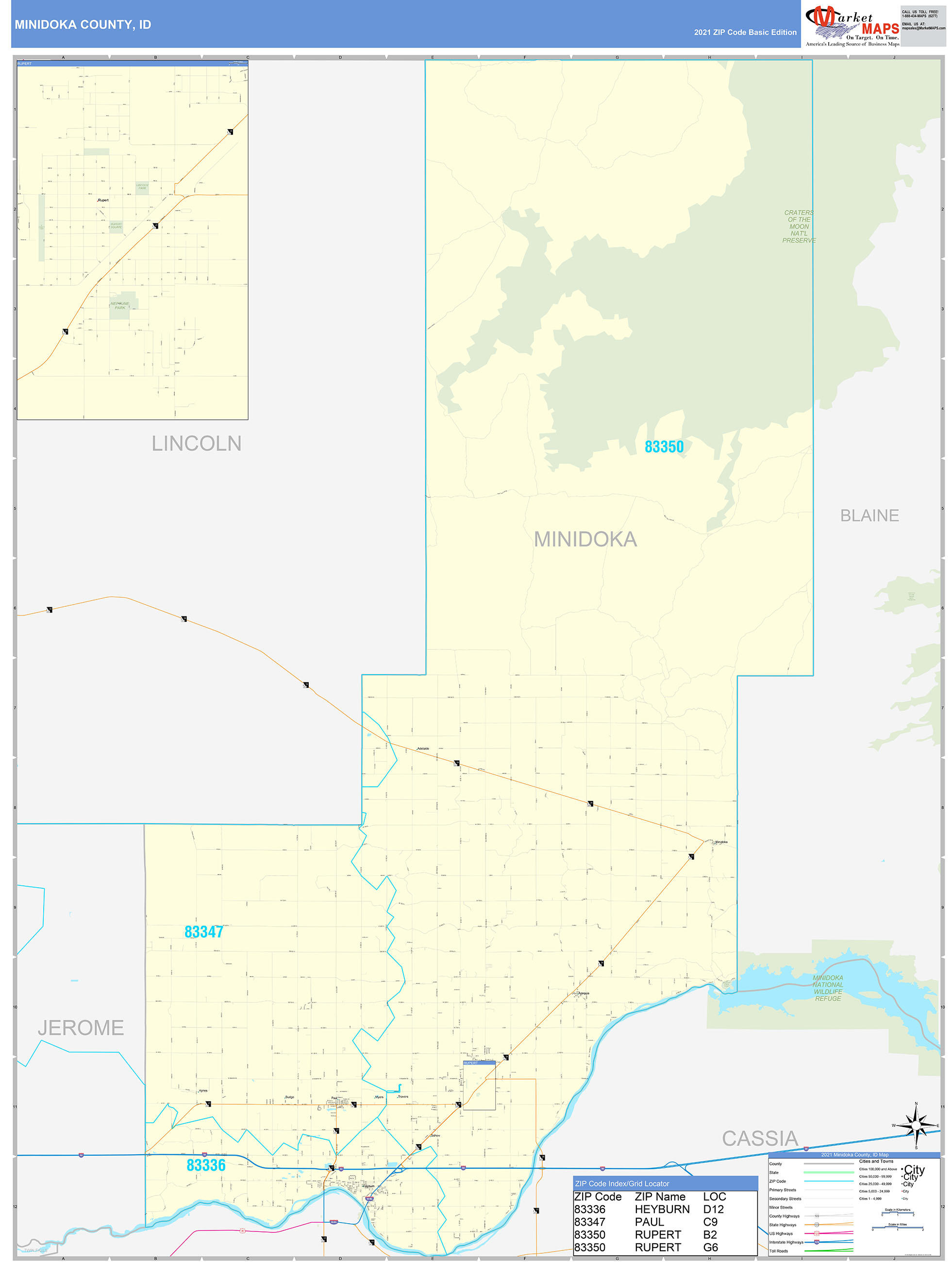 Minidoka County, ID Zip Code Wall Map Basic Style by MarketMAPS
