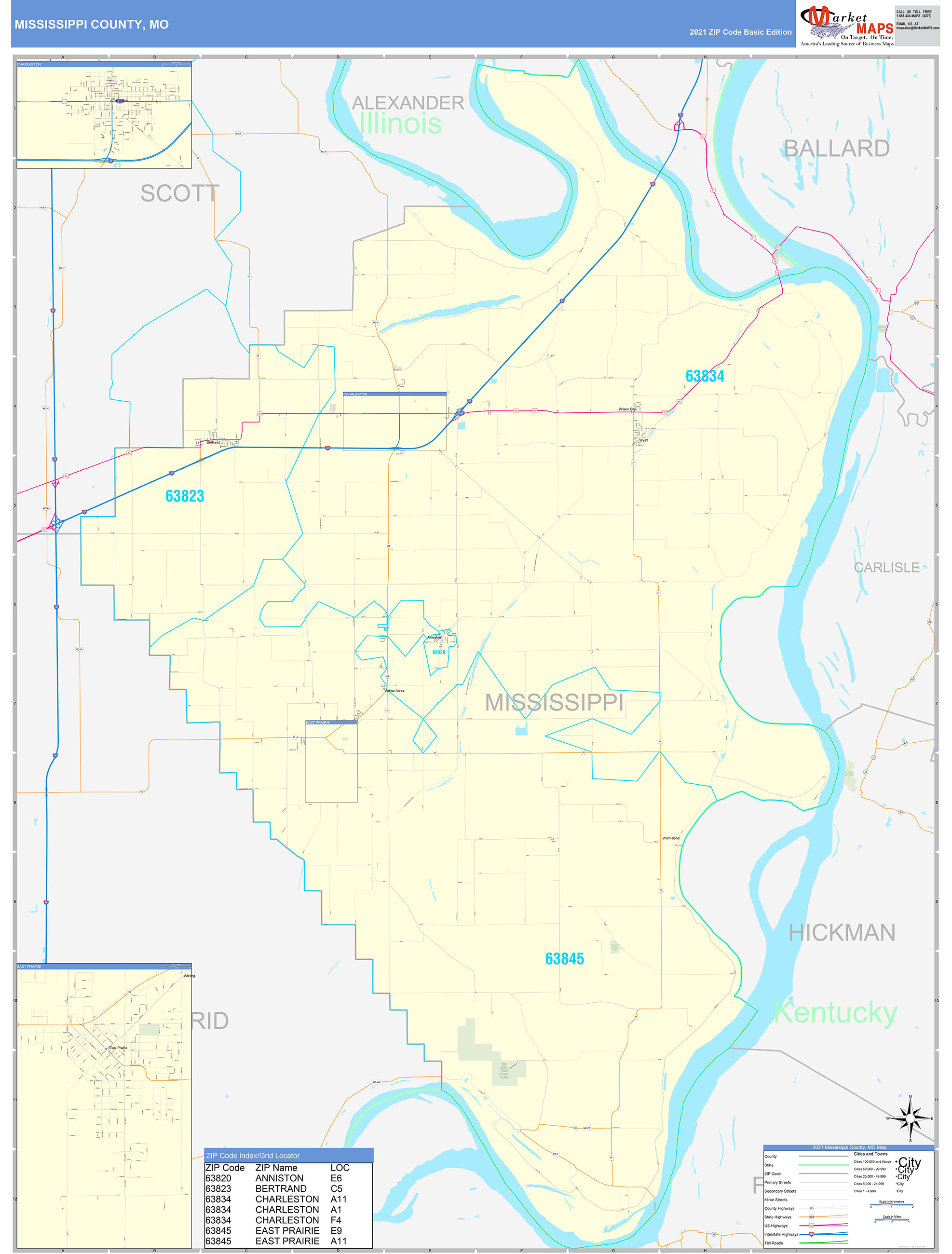 Mississippi County, MO Zip Code Wall Map Basic Style by MarketMAPS