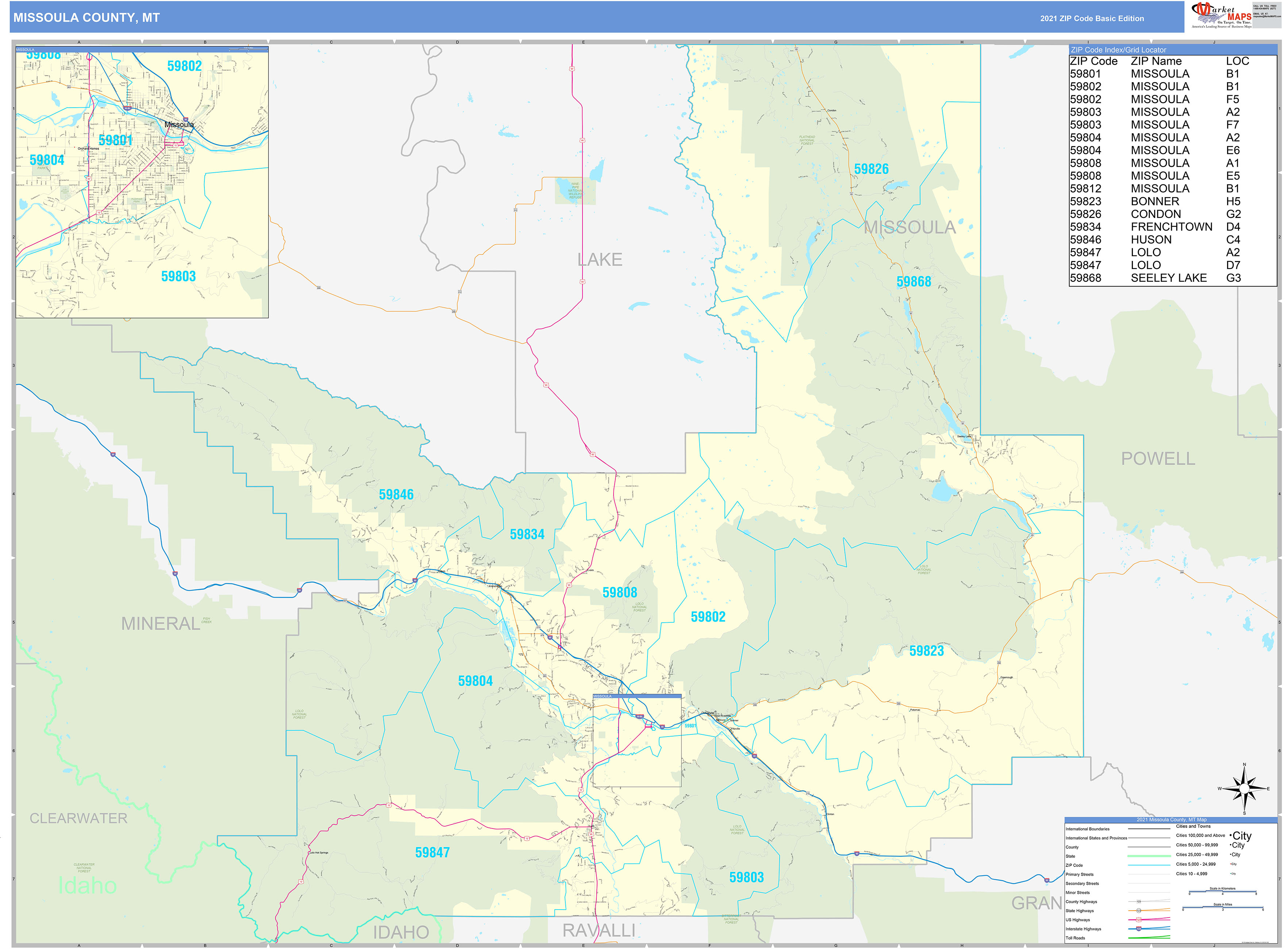 Missoula County, MT Zip Code Wall Map Basic Style by MarketMAPS