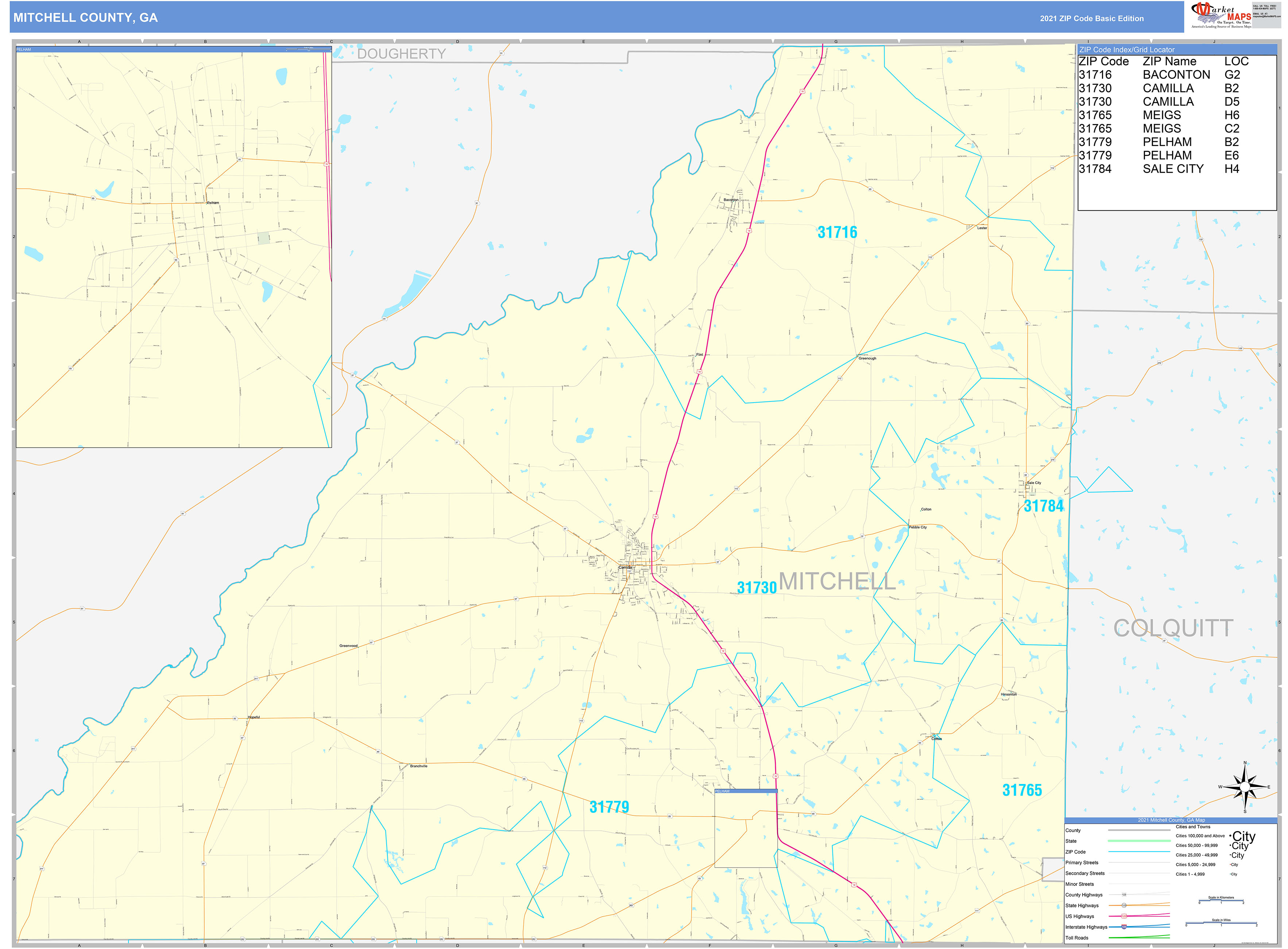 Mitchell County, GA Zip Code Wall Map Basic Style by MarketMAPS MapSales