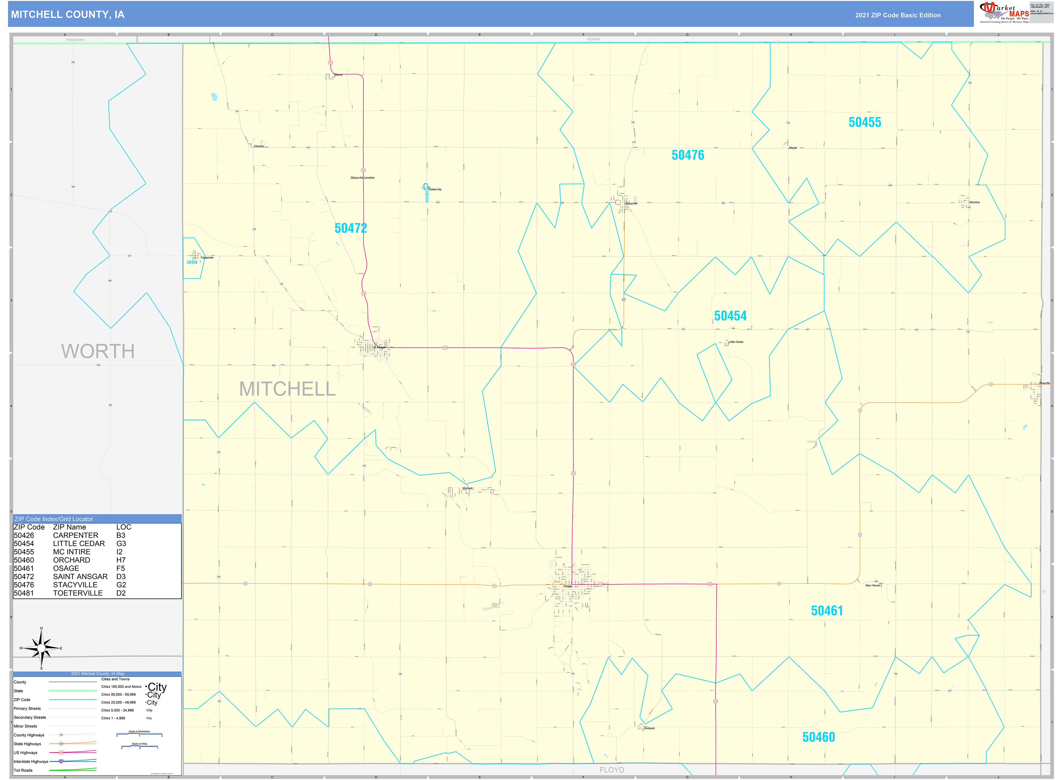 Mitchell County, IA Zip Code Wall Map Basic Style by MarketMAPS