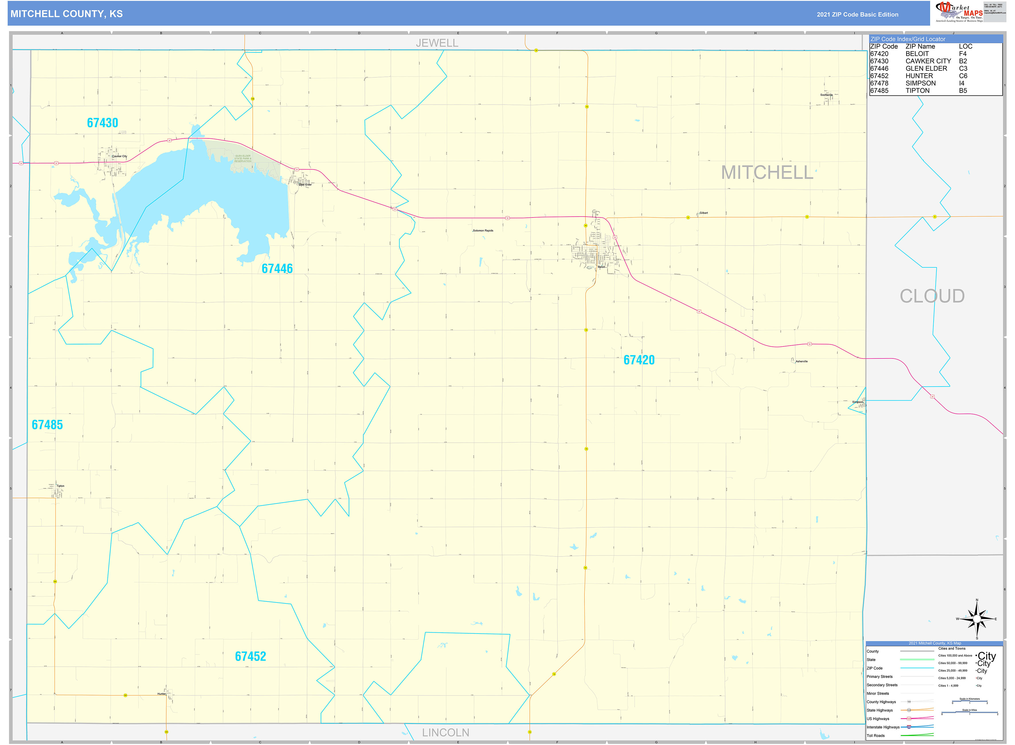 Mitchell County, KS Zip Code Wall Map Basic Style by MarketMAPS MapSales