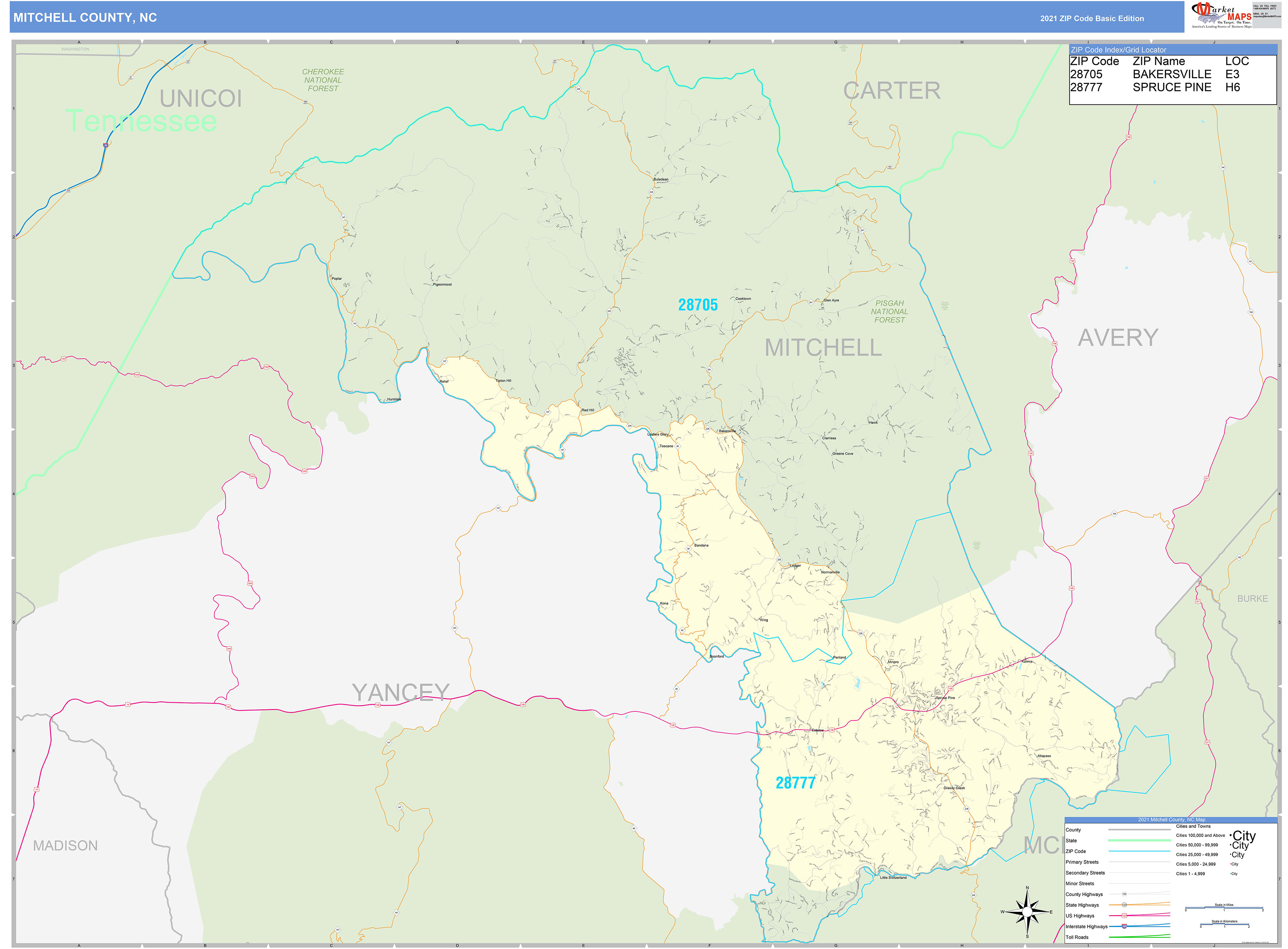 Mitchell County, NC Zip Code Wall Map Basic Style by MarketMAPS
