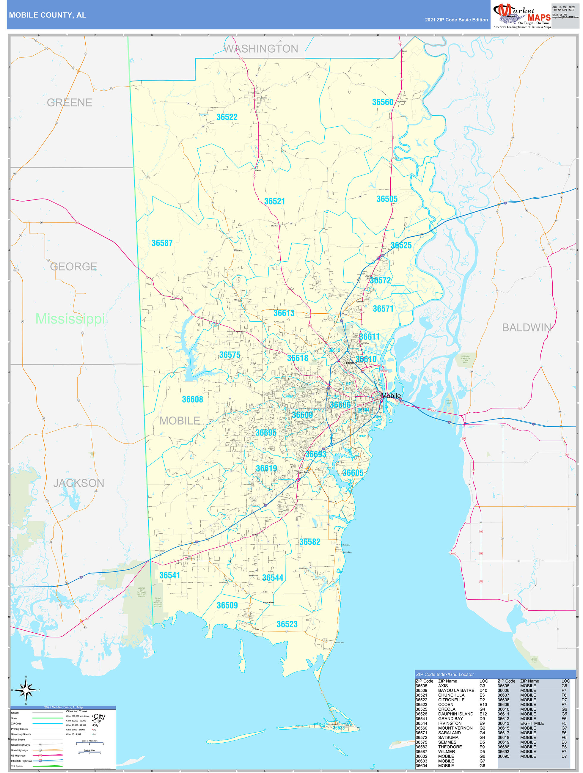 Mobile County, AL Zip Code Wall Map Basic Style by MarketMAPS - MapSales