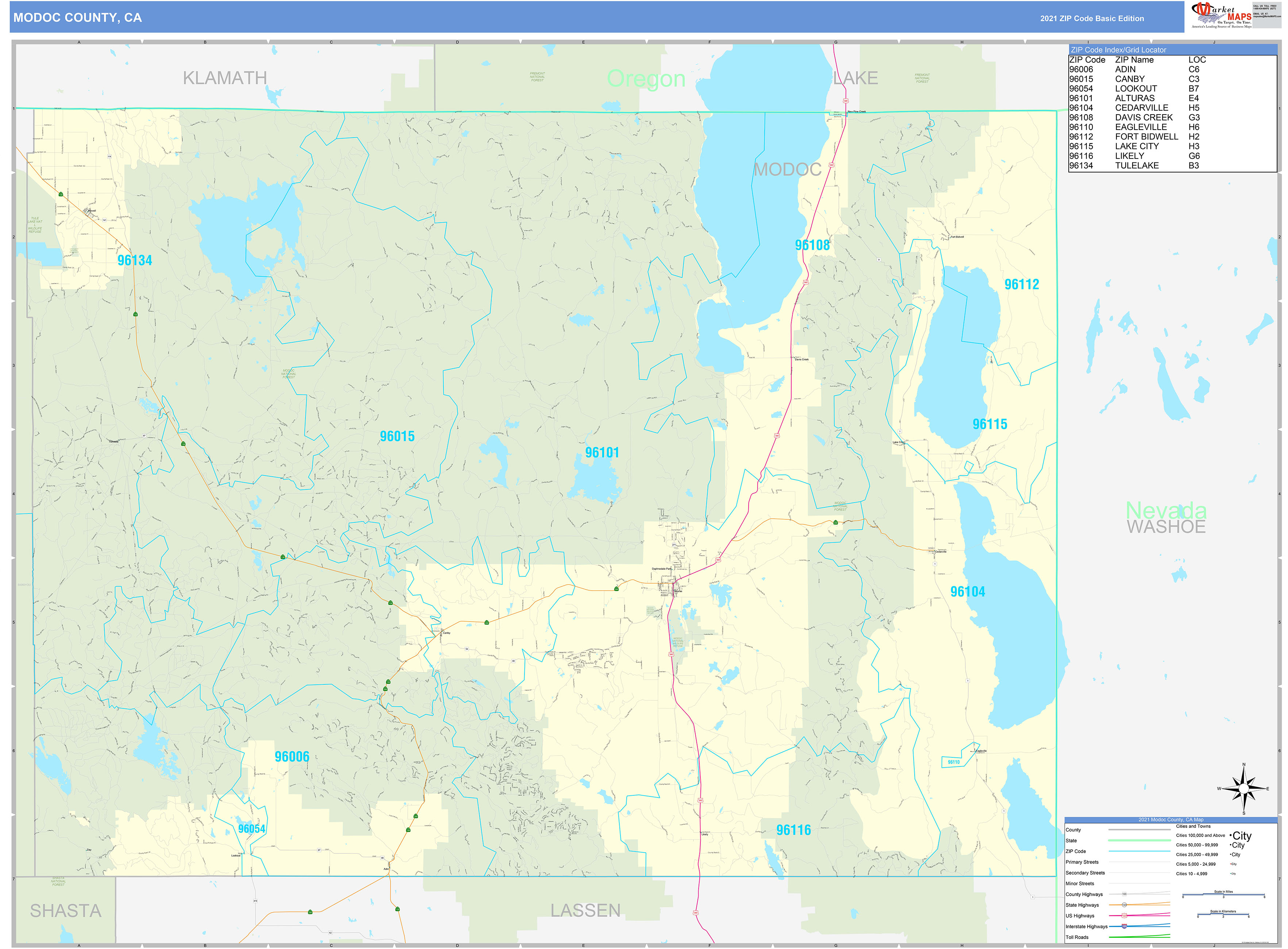 Modoc County, CA Zip Code Wall Map Basic Style by MarketMAPS MapSales