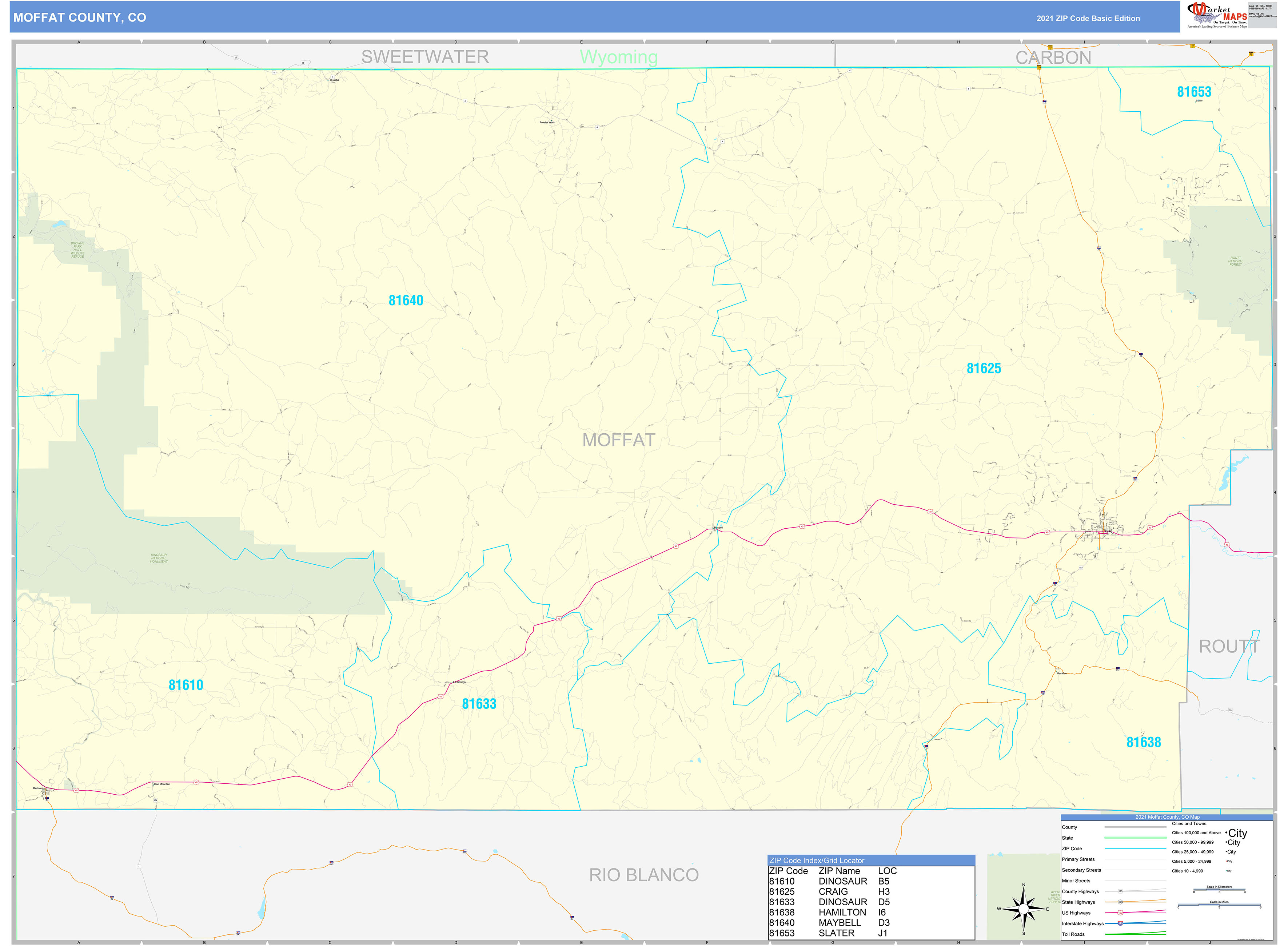 Moffat County, CO Zip Code Wall Map Basic Style by MarketMAPS MapSales