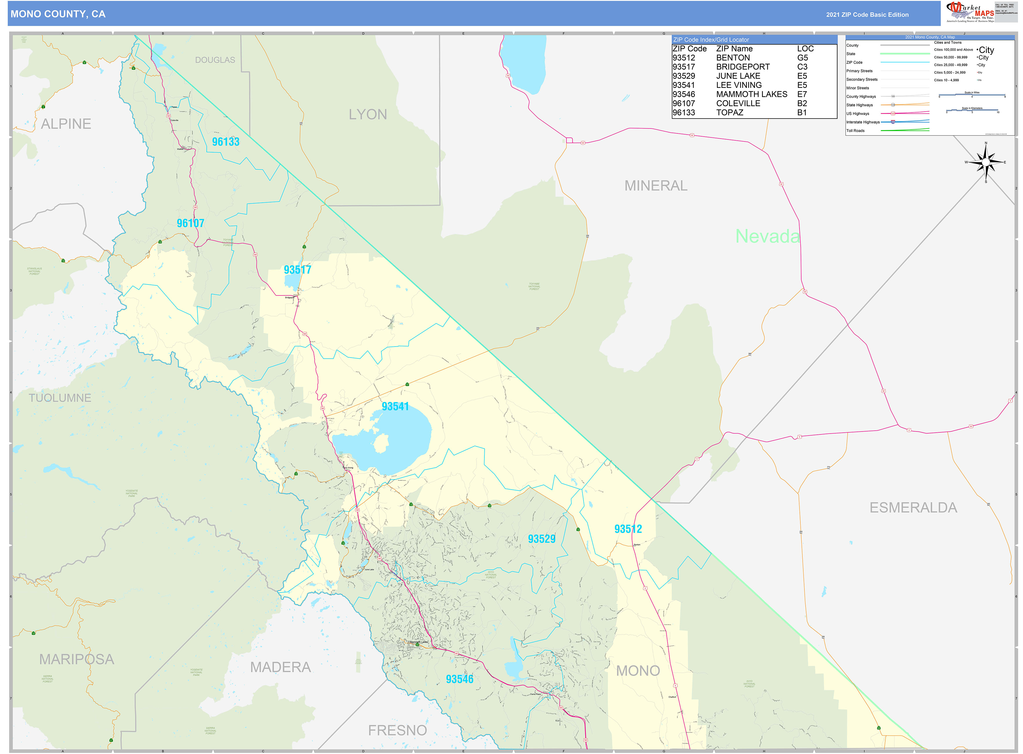 Mono County, CA Zip Code Wall Map Basic Style by MarketMAPS MapSales