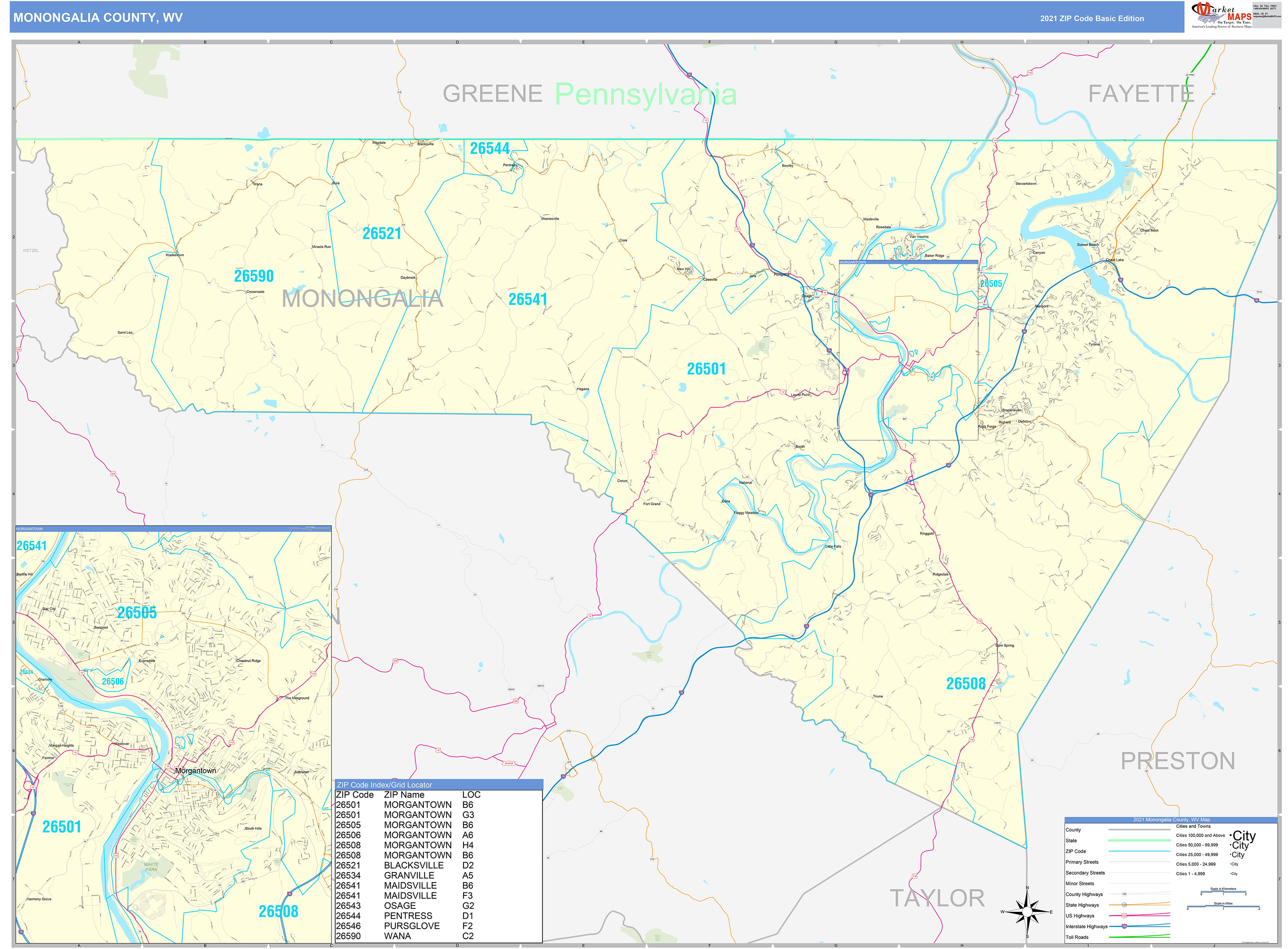 Monongalia County, WV Zip Code Wall Map Basic Style by MarketMAPS