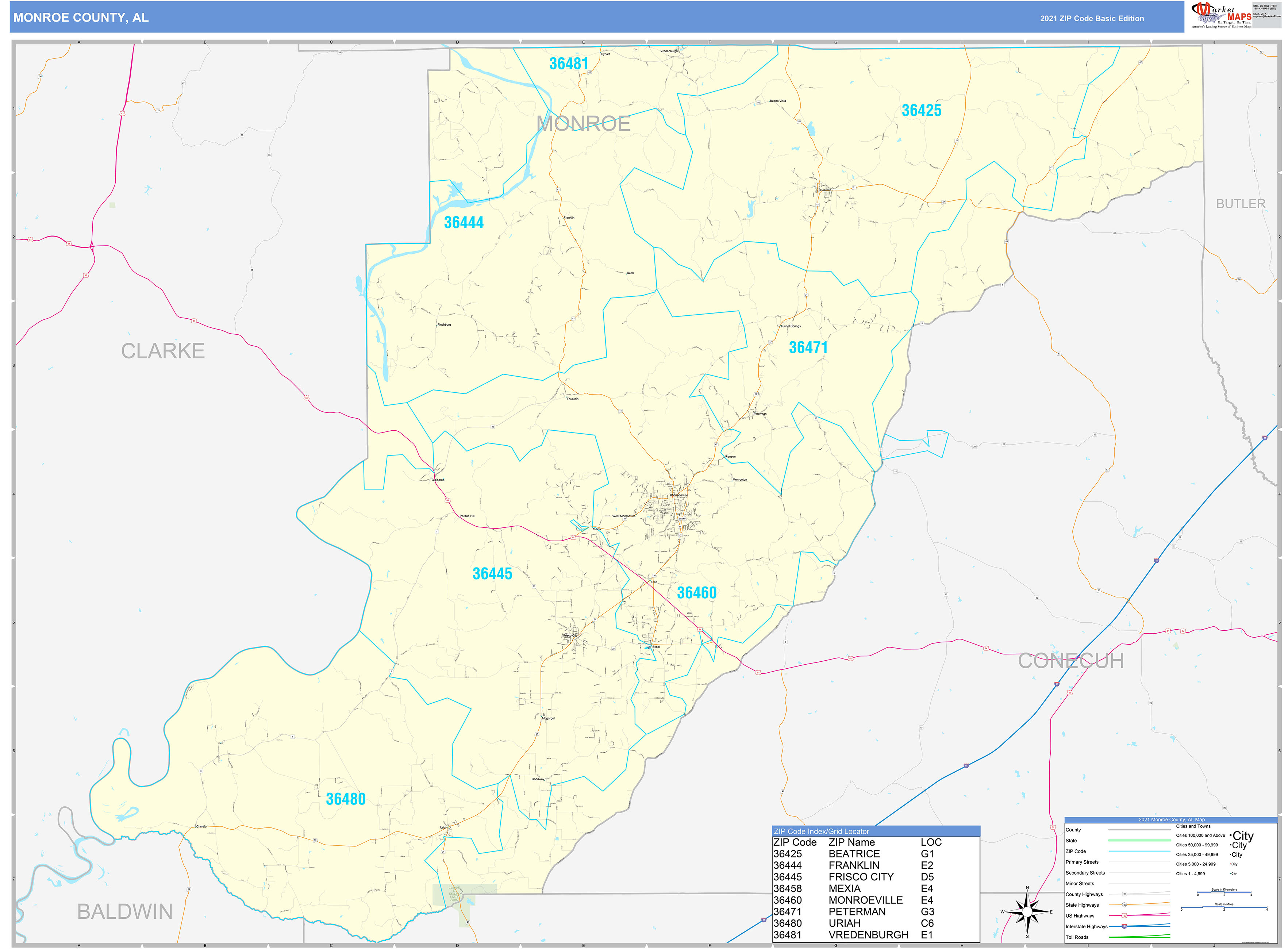 Monroe County, AL Zip Code Wall Map Basic Style by MarketMAPS