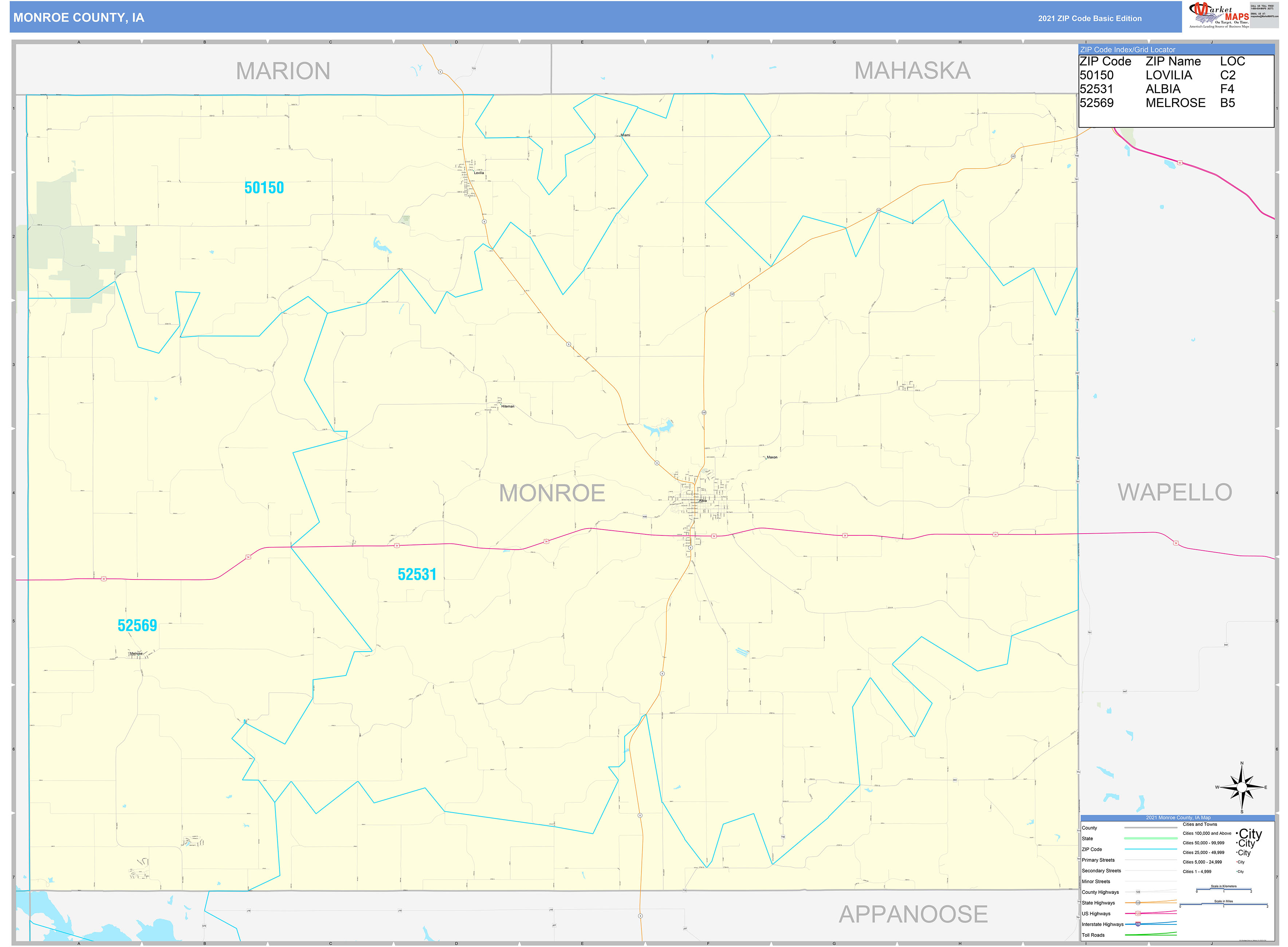 Monroe County, IA Zip Code Wall Map Basic Style by MarketMAPS