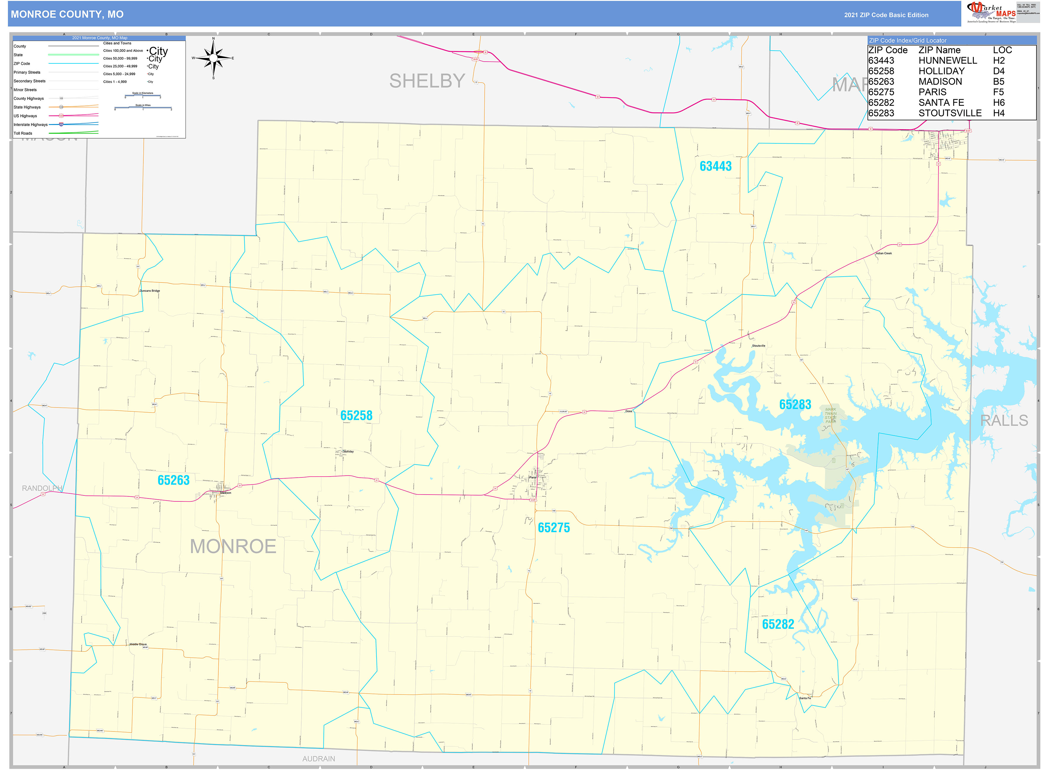 Monroe County, MO Zip Code Wall Map Basic Style by MarketMAPS MapSales