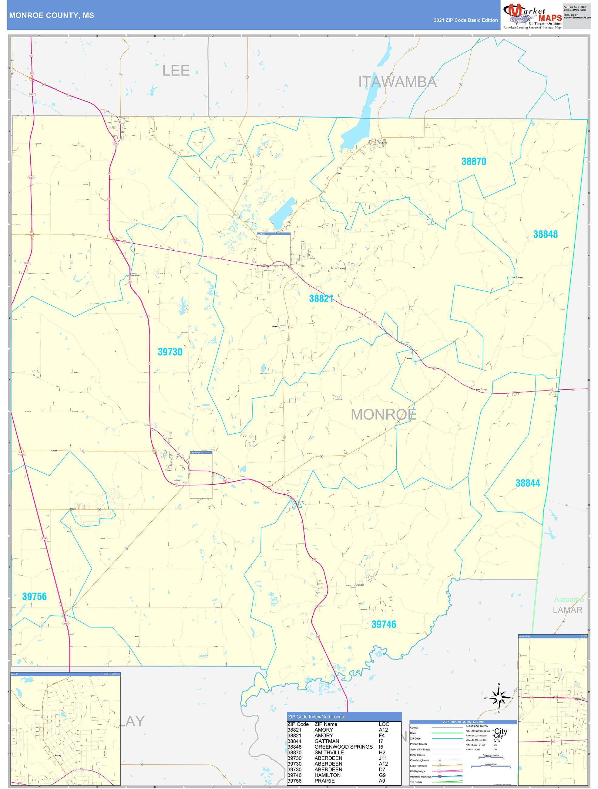 Monroe County, MS Zip Code Wall Map Basic Style by MarketMAPS
