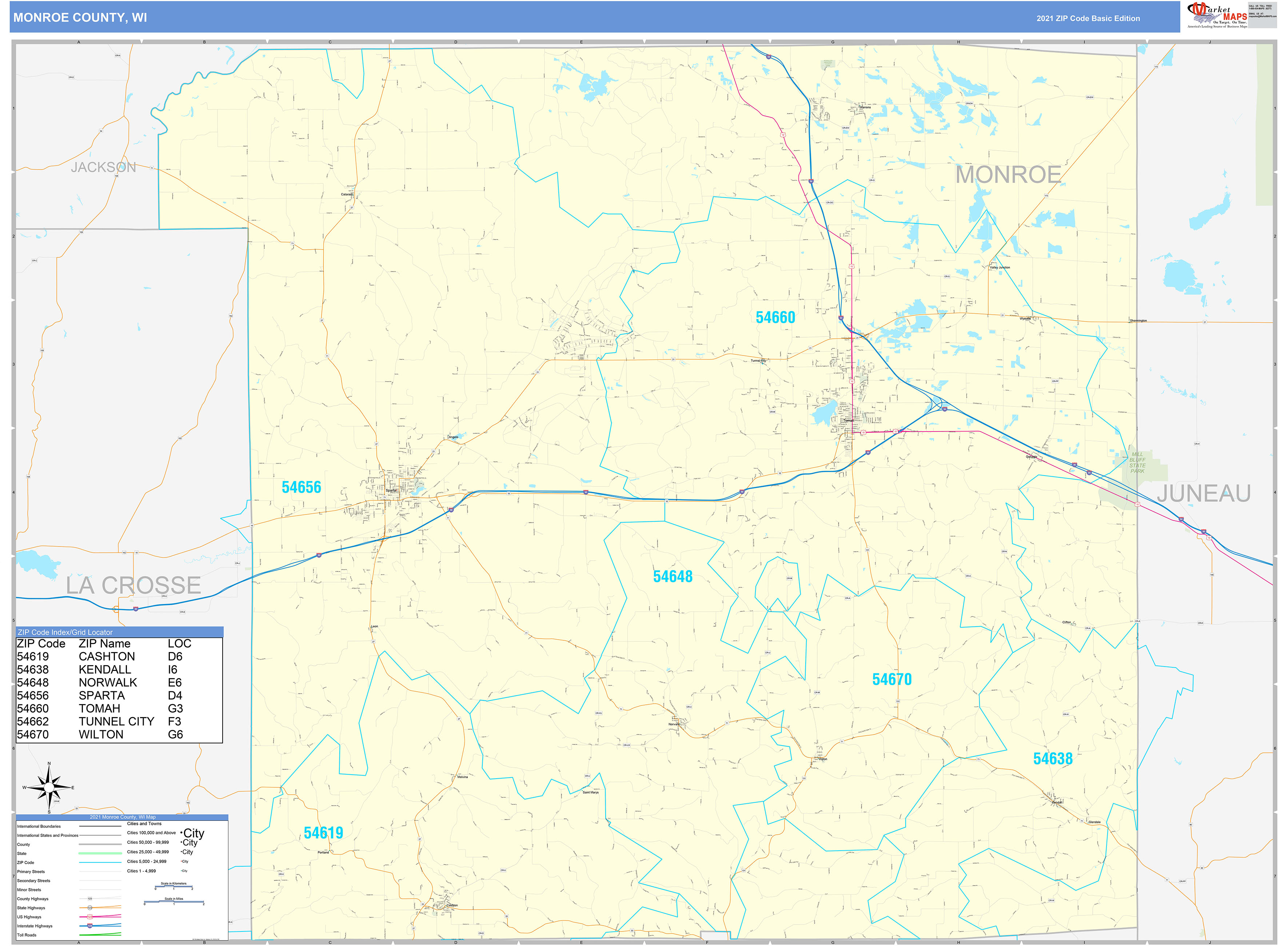 Monroe County, WI Zip Code Wall Map Basic Style by MarketMAPS