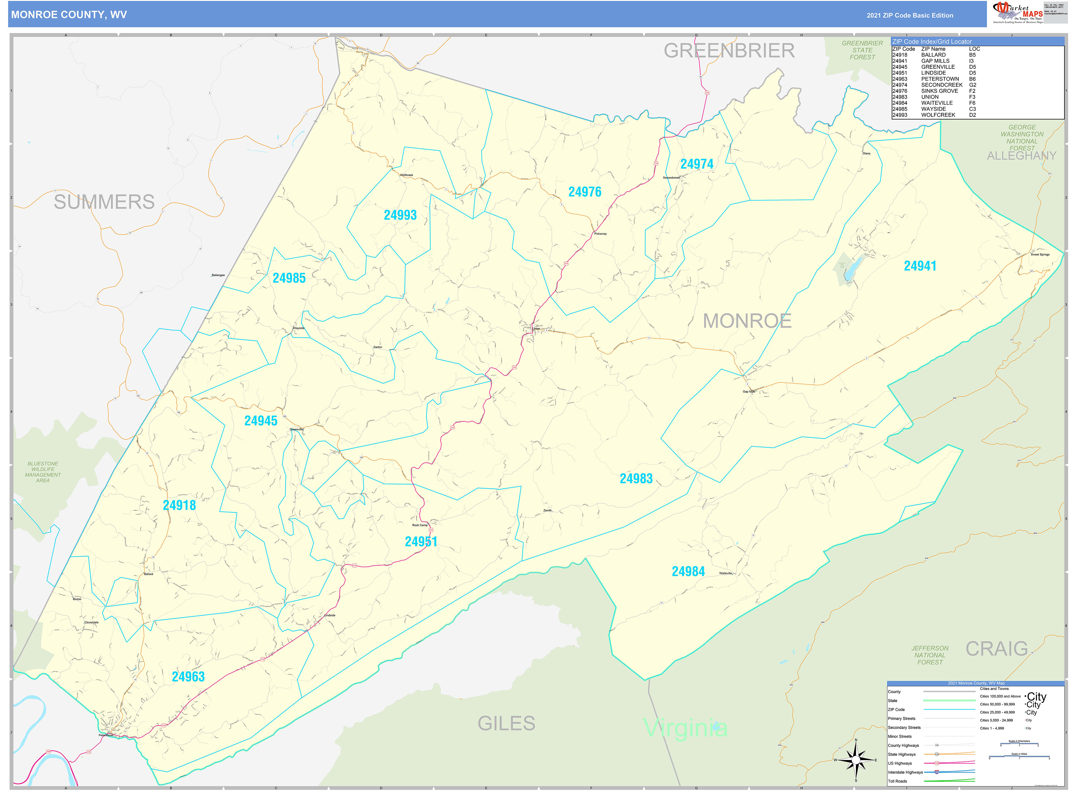 Monroe County, WV Zip Code Wall Map Basic Style by MarketMAPS MapSales