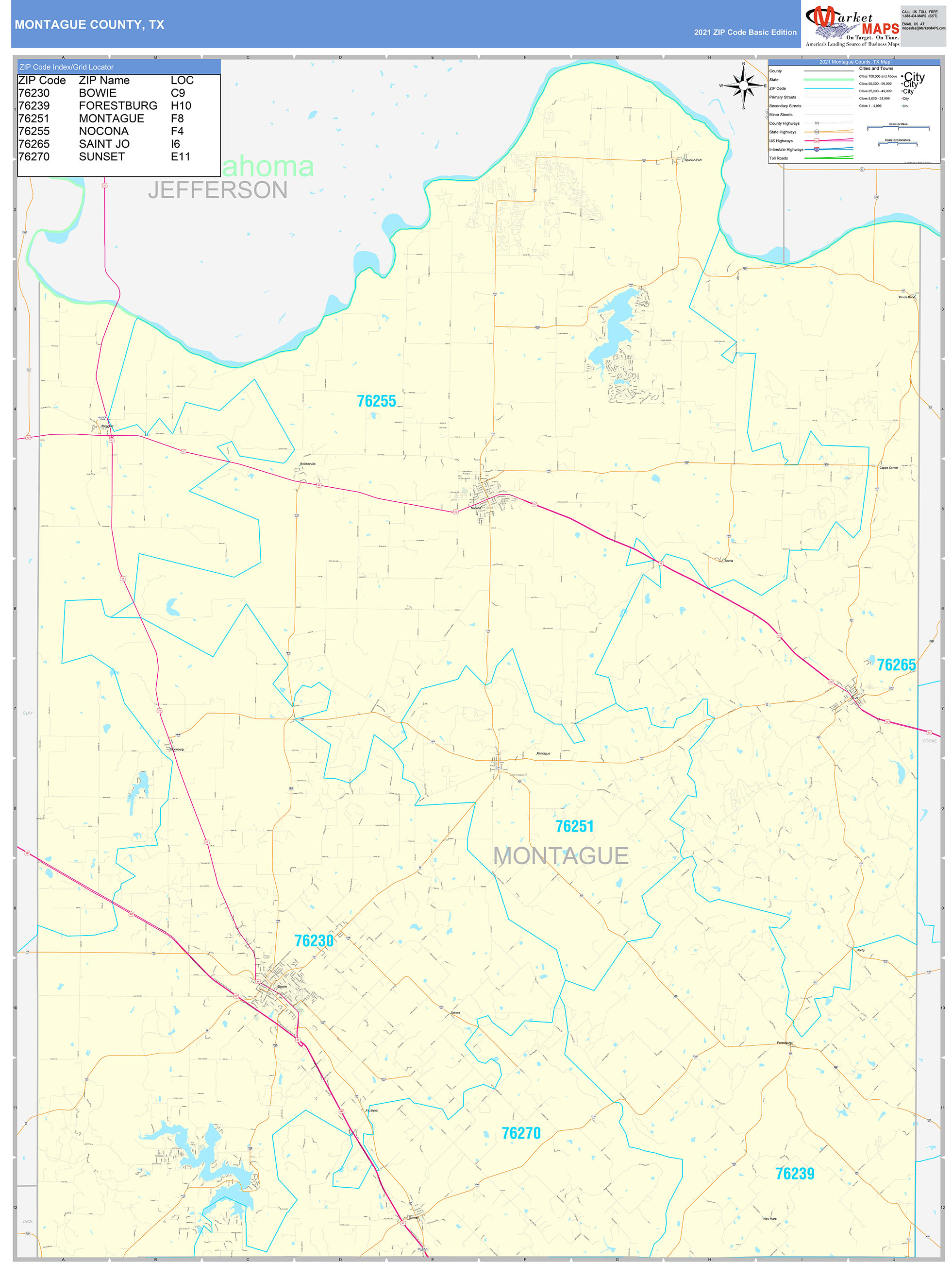 Montague County, TX Zip Code Wall Map Basic Style by MarketMAPS MapSales