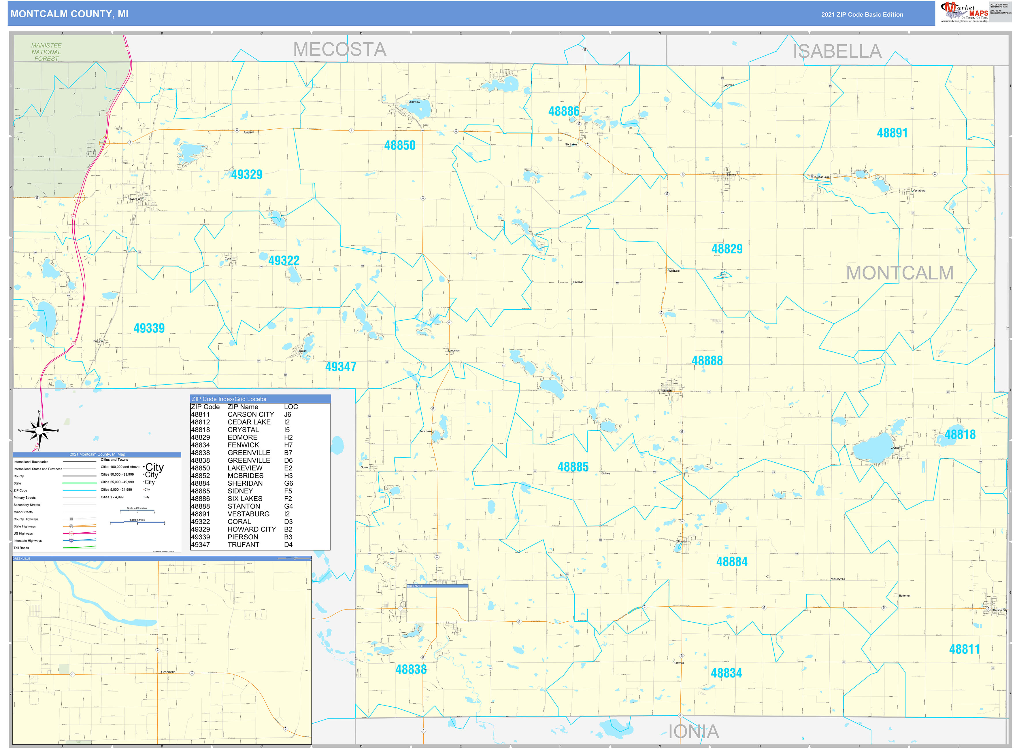 Montcalm County, MI Zip Code Wall Map Basic Style by MarketMAPS