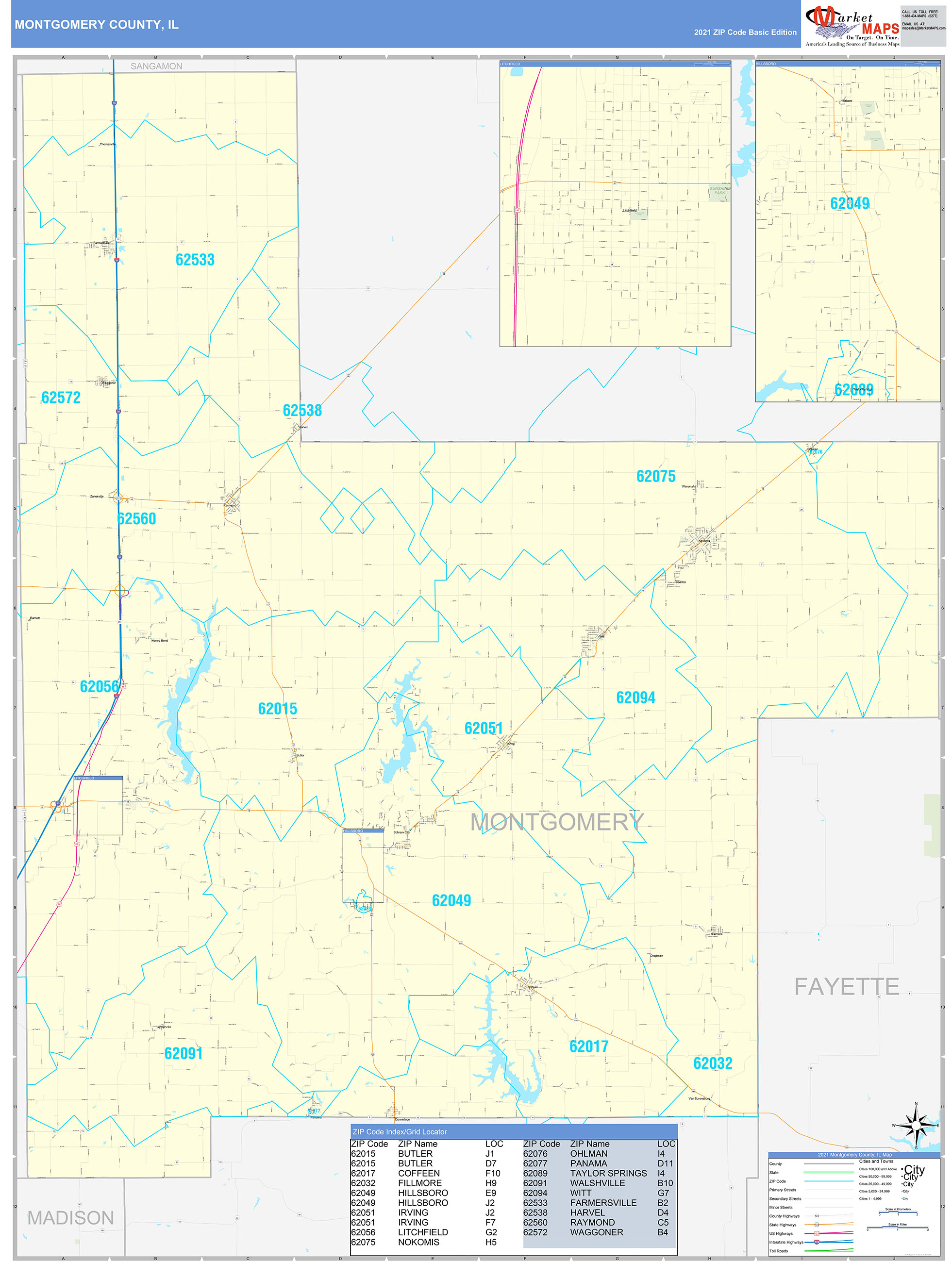 Montgomery County Il Zip Code Wall Map Basic Style By Marketmaps