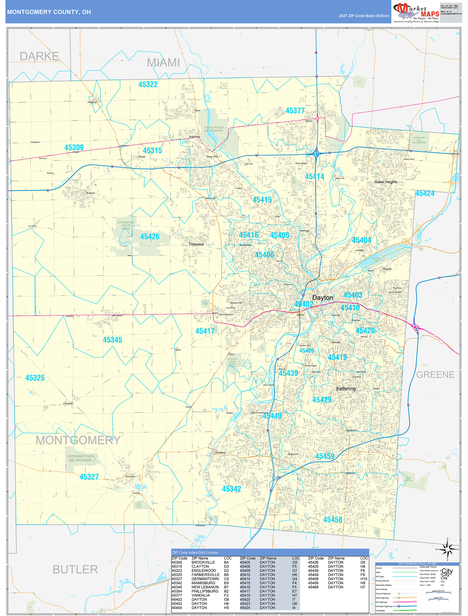 Montgomery County, OH Zip Code Wall Map Basic Style by MarketMAPS